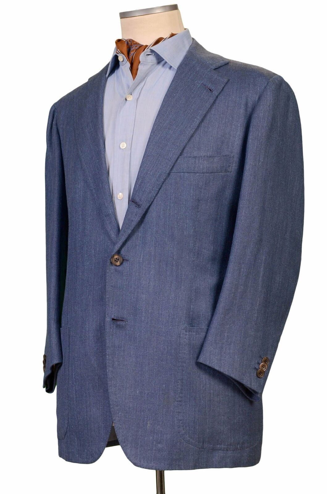 RUBINACCI LH Handmade Bespoke Blue Herringbone Wool Linen Jacket 44-46 Short