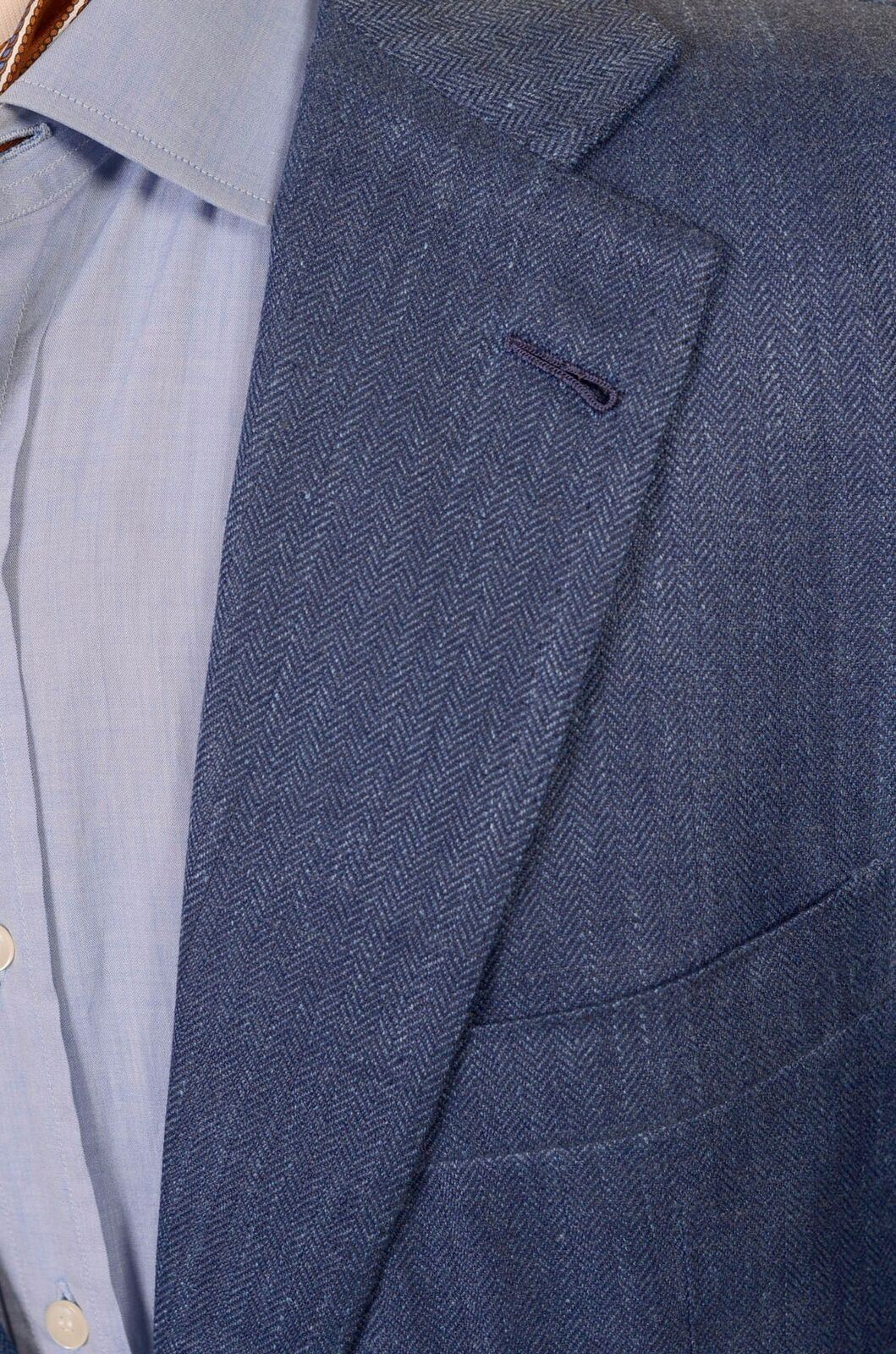 RUBINACCI LH Handmade Bespoke Blue Herringbone Wool Linen Jacket 44-46 Short