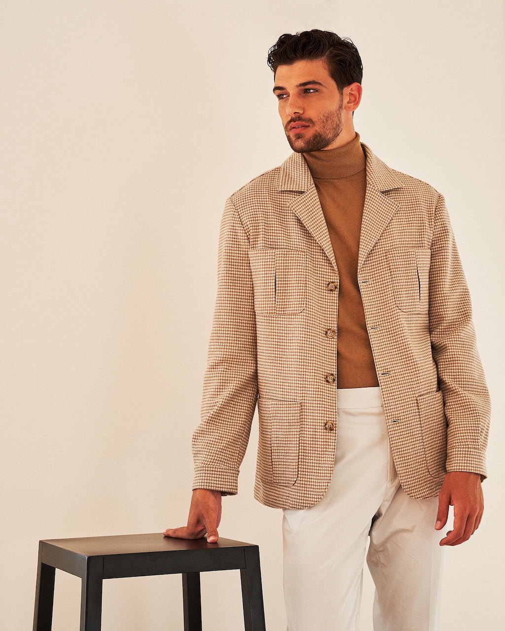 PIETRA SALATA Napoli "John" Beige Pied de Poule Wool Jacket Car Coat NEW Slim