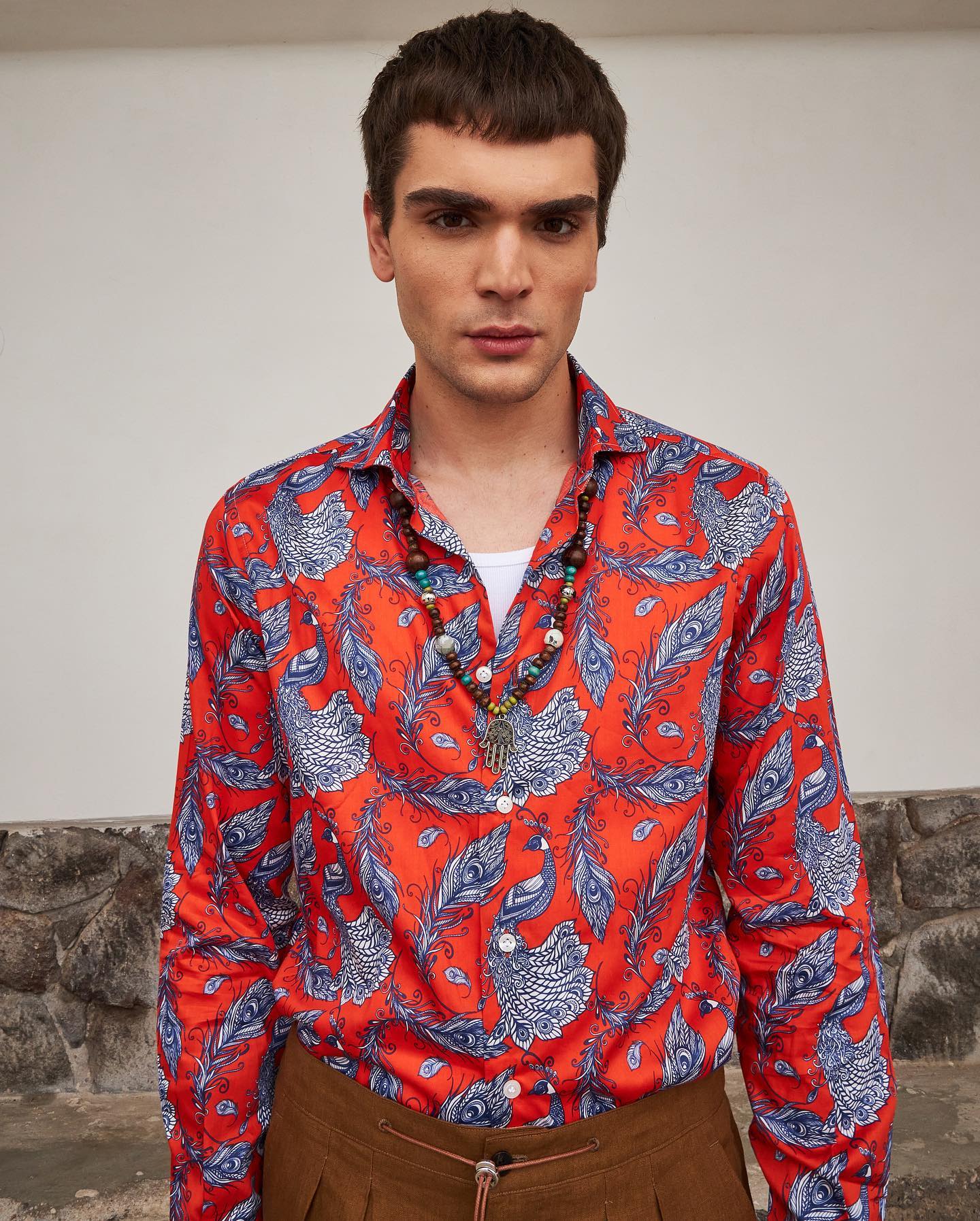 PIETRA SALATA Red-Blue Peacock Pattern Cotton Shirt