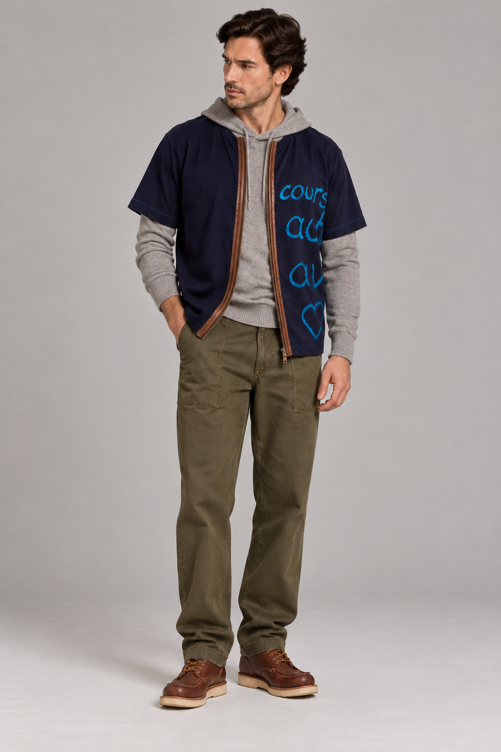 CHAPAL Hand Painted Luxury Zip T-Shirt Navy Blue