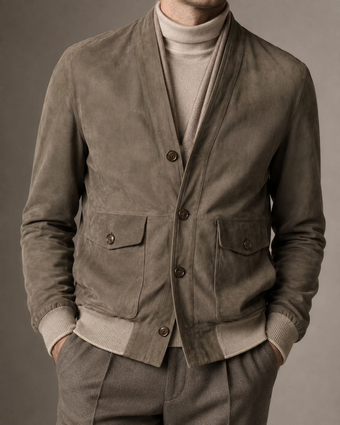 ERMENEGILDO ZEGNA Taupe Suede Leather Cardigan Blouson Jacket