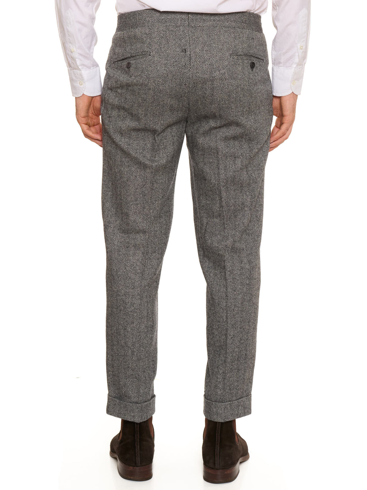 AMBROSI Napoli Bespoke Gray Herringbone Wool Pleated Dress Pants EU 50 US 34