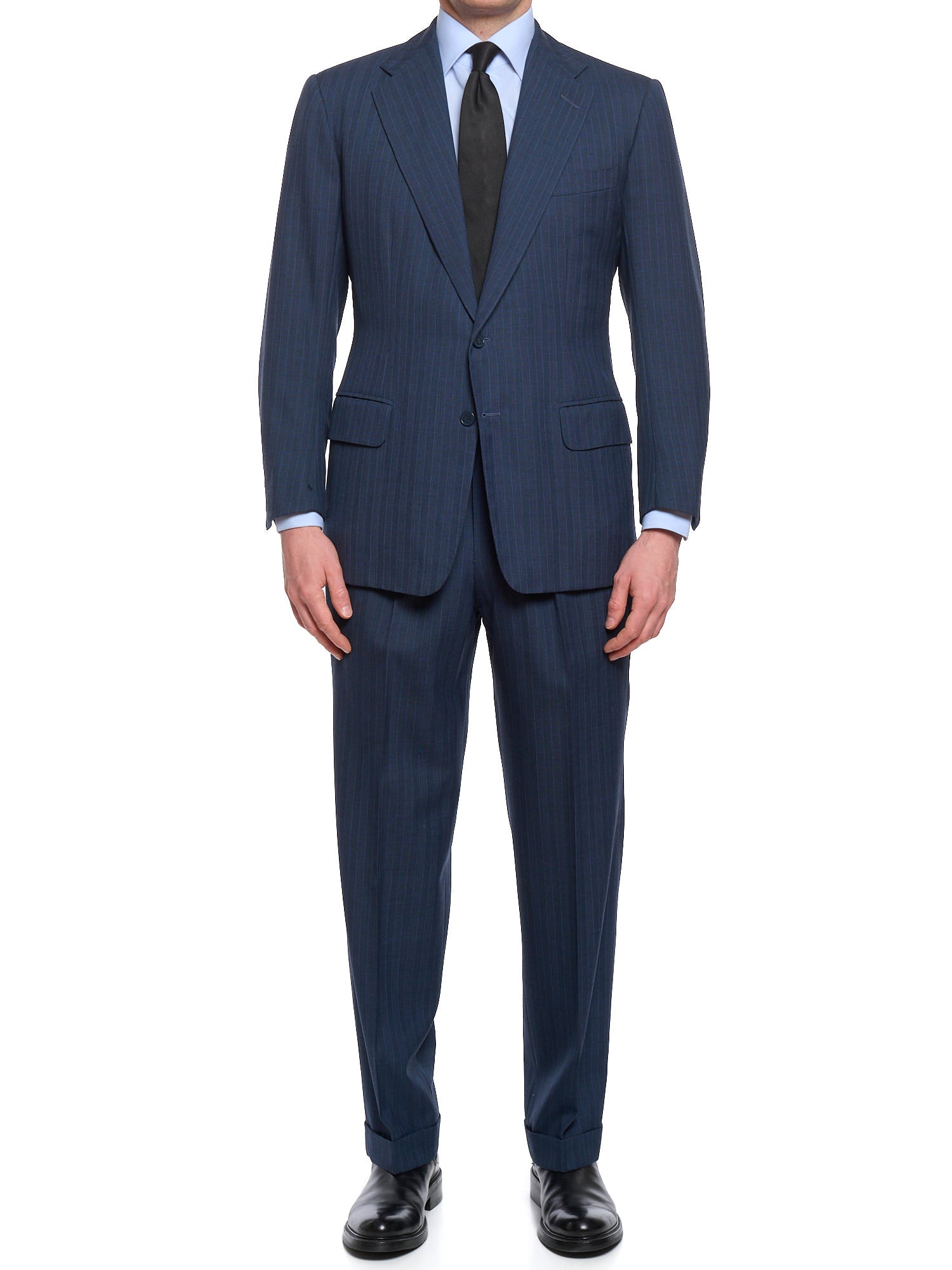 ANDERSON & SHEPPARD Blue Striped Bespoke Suit 2 Pairs of Pants