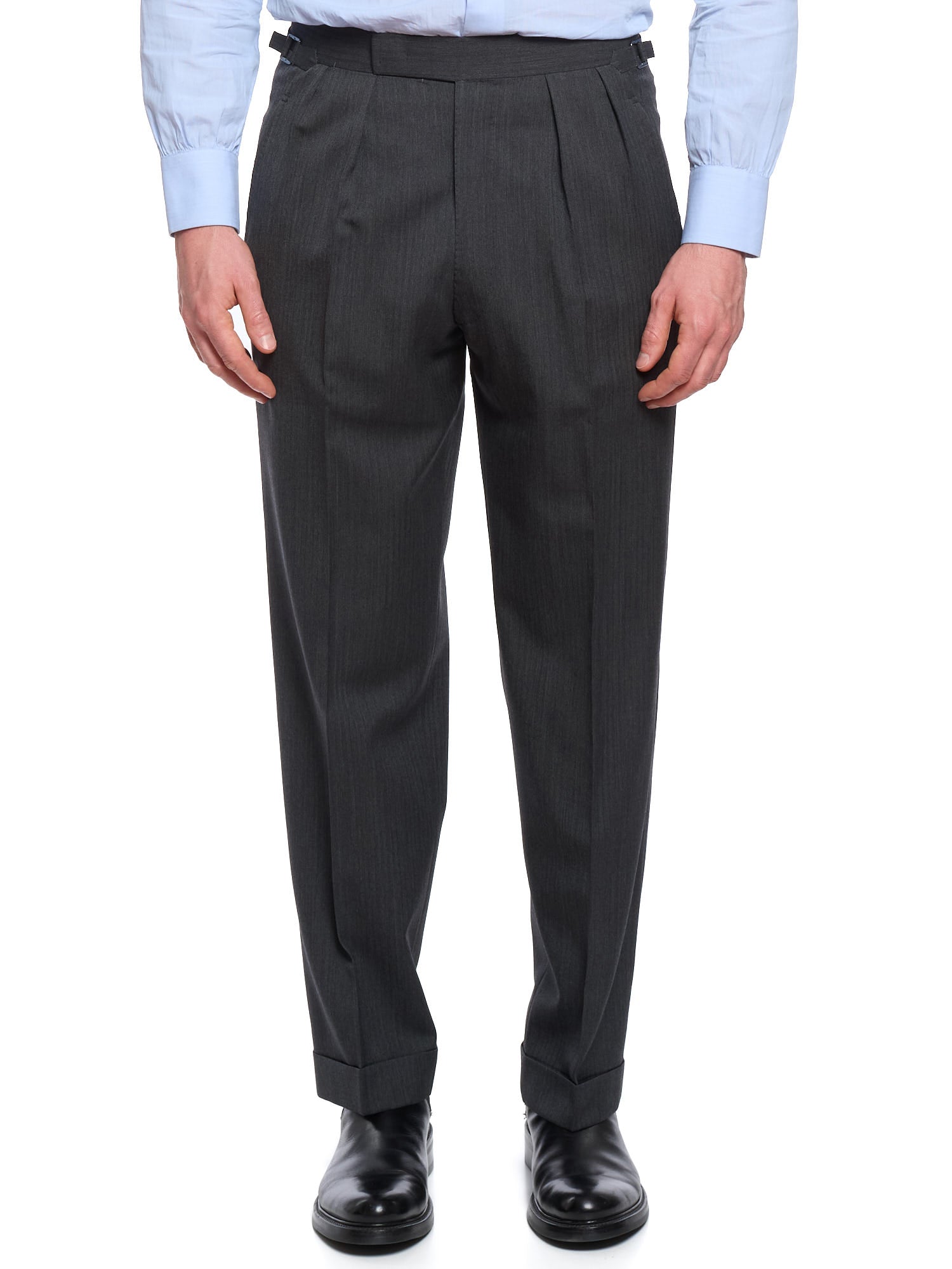 ANDERSON & SHEPPARD Dark Gray Herringbone Wool Bespoke Suit 2 Pairs of Pants