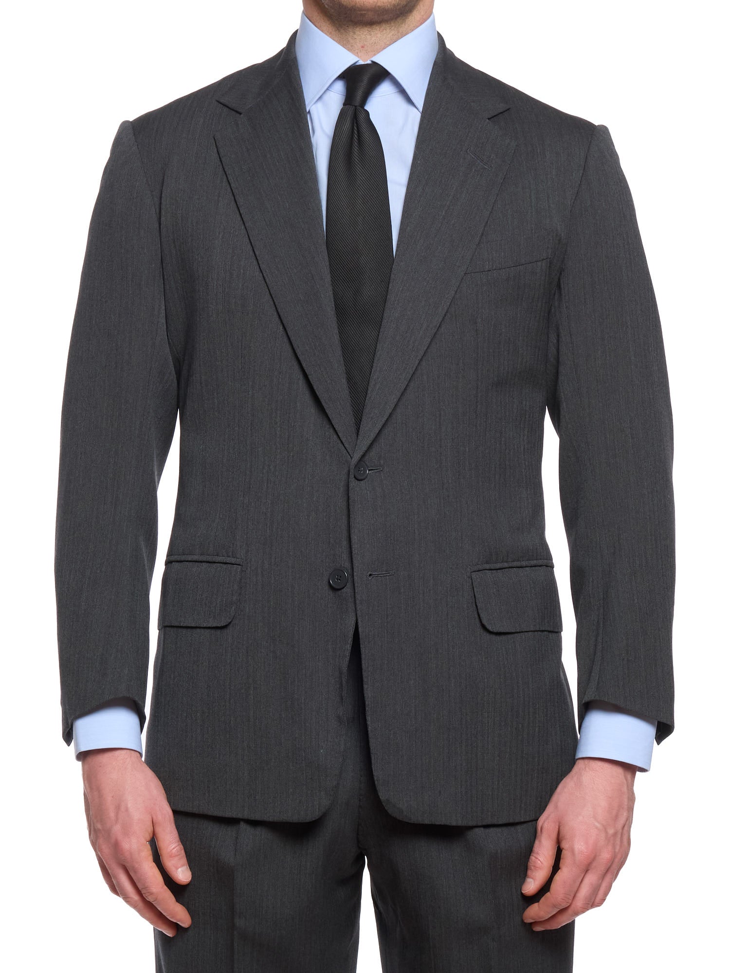 ANDERSON & SHEPPARD Dark Gray Herringbone Wool Bespoke Suit 2 Pairs of Pants