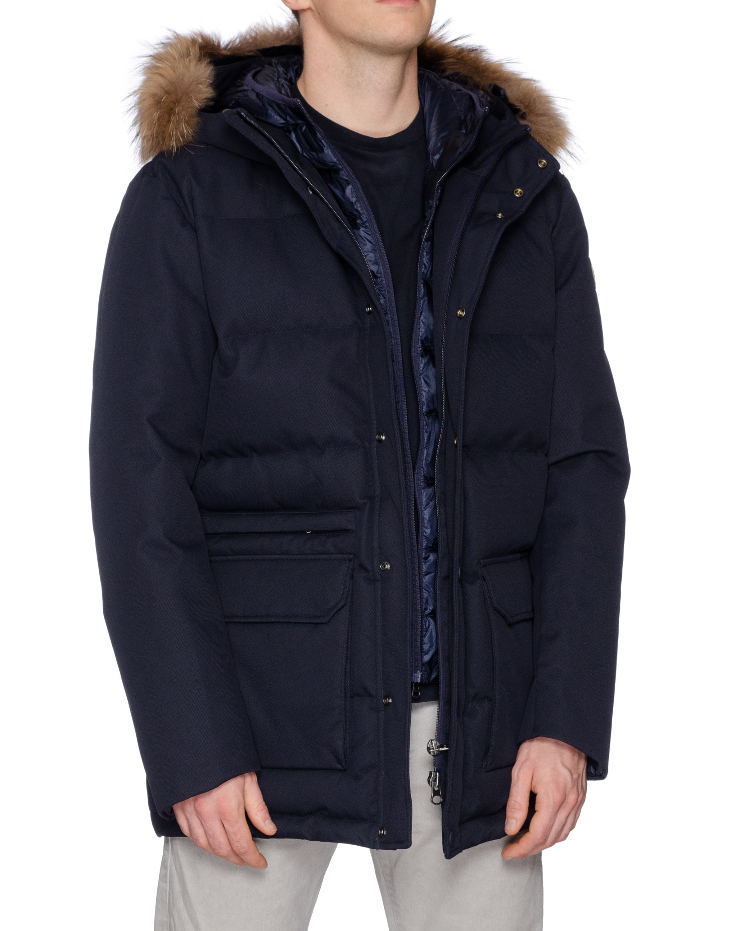 COLMAR Blue Down-Feather Fur Trimmed Hooded Parka Jacket Coat