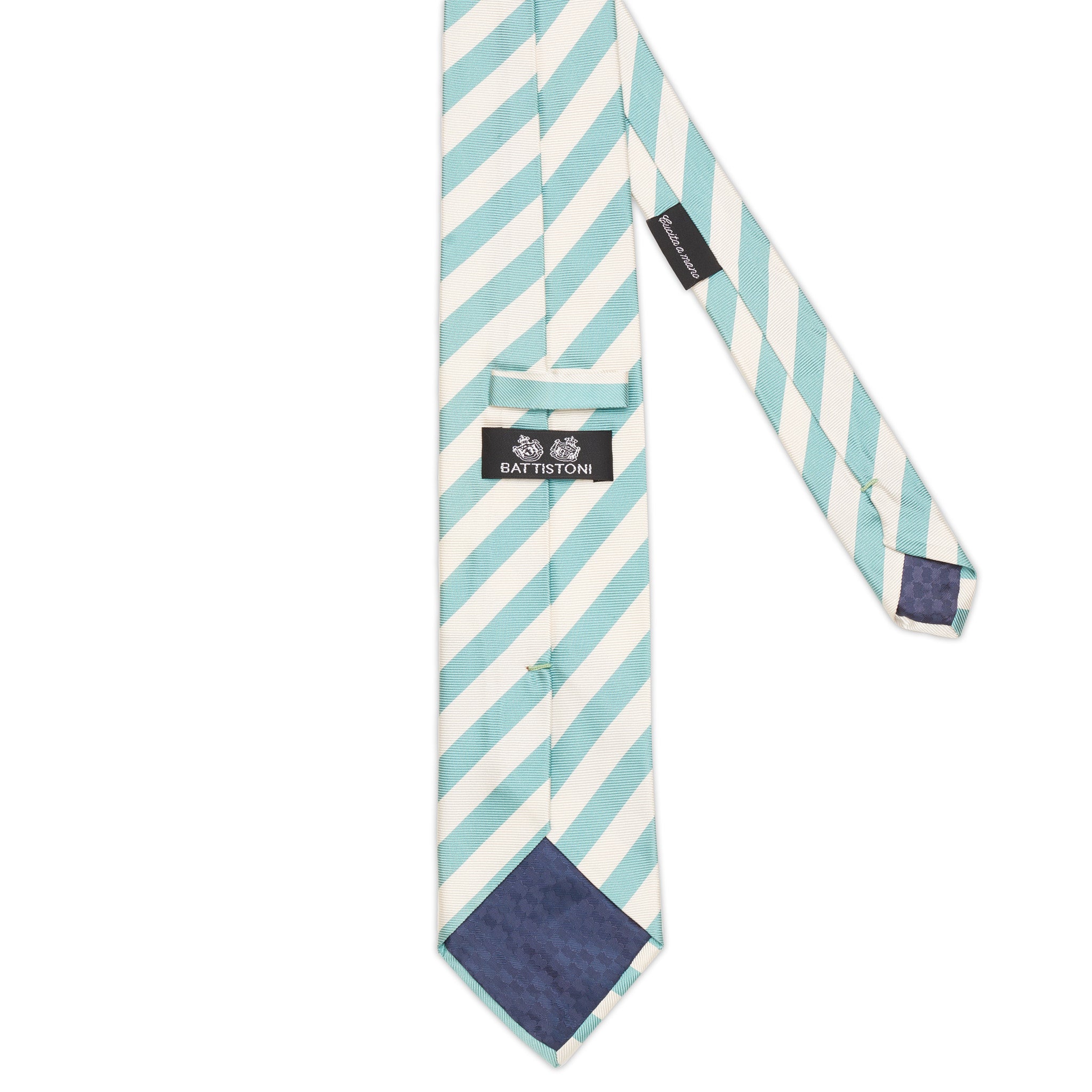 BATTISTONI Handmade Blue-Ivory Striped Design Silk Tie NEW BATTISTONI