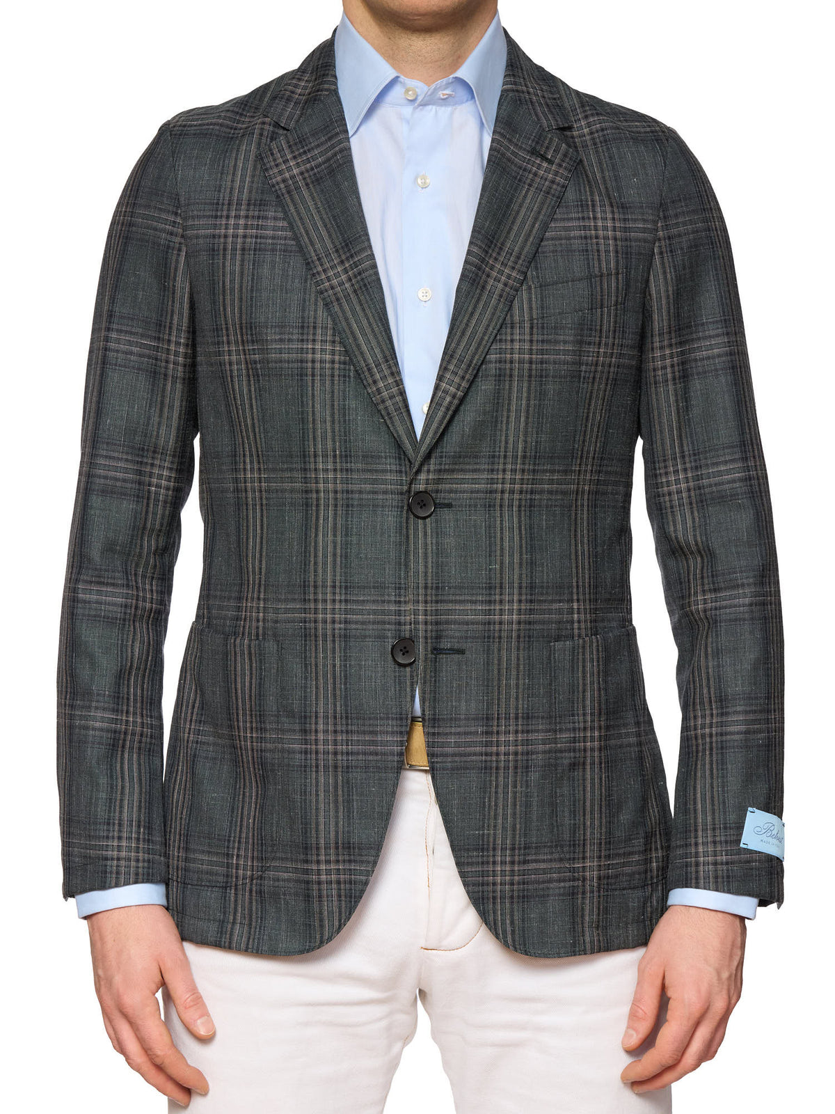 BELVEST Hand Tailored Gray-Green Plaid Wool-Silk-Linen Blazer Jacket N