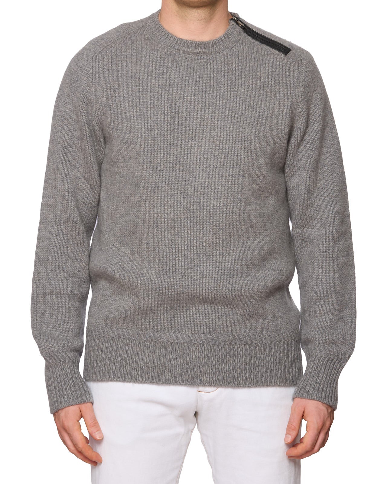 BERLUTI Gray Cashmere Knit Leather Zip Shoulder Sweater EU 50 NEW US M