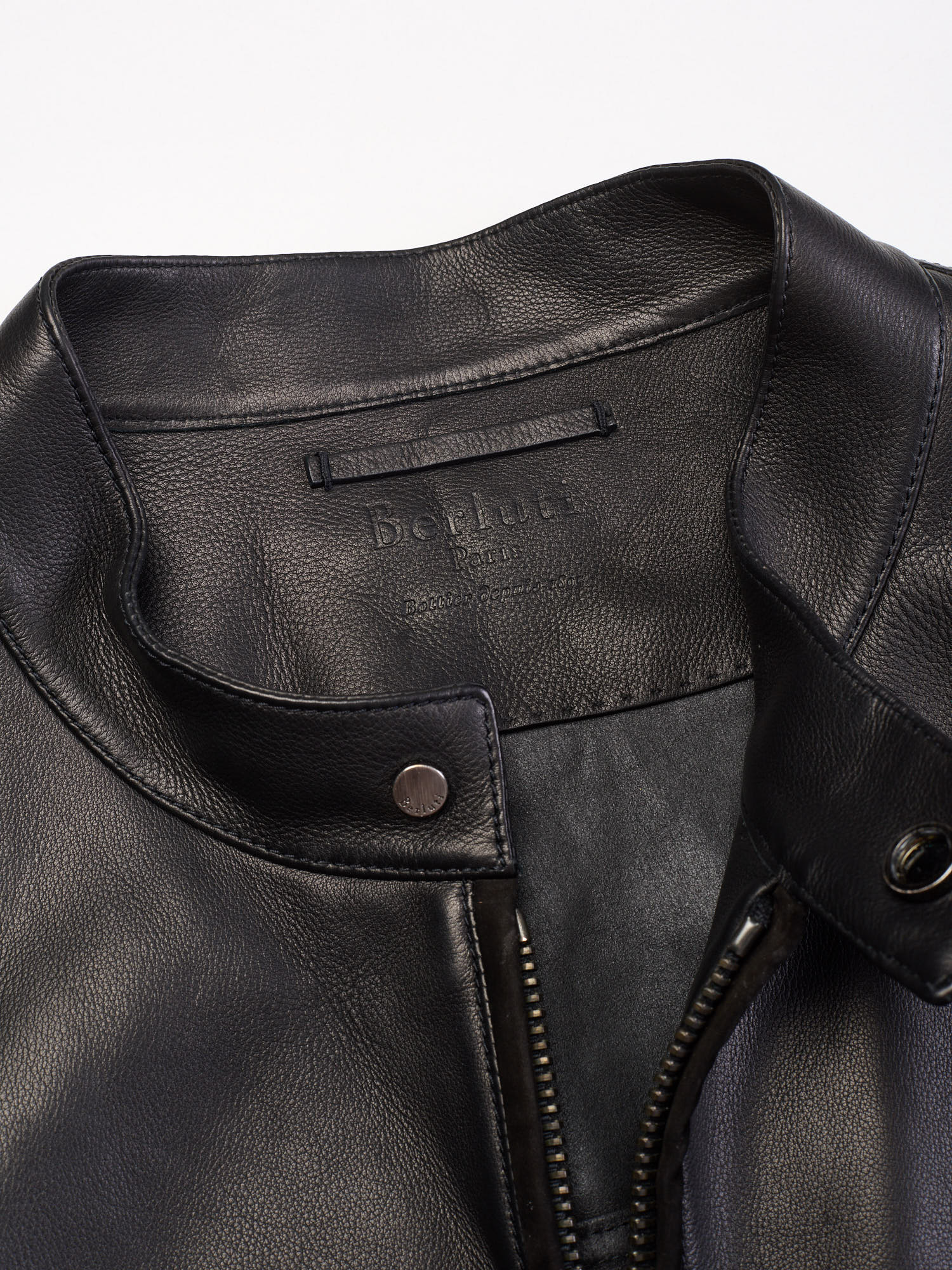 BERLUTI Paris Black Napa leather Calfskin Collarless Biker Leather Jacket