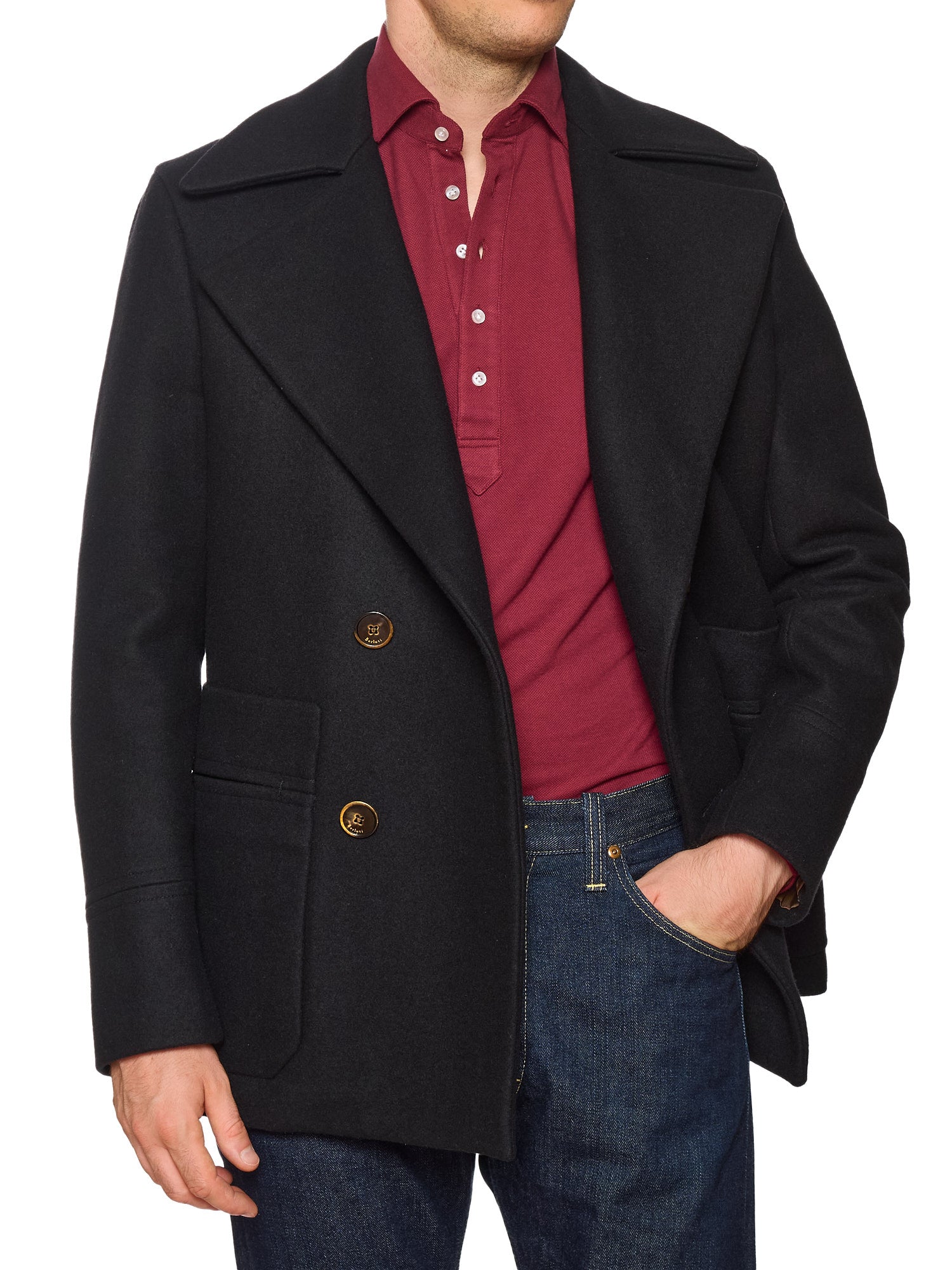 BERLUTI Paris Black Wool Double Breasted PeaCoat Navy Coat