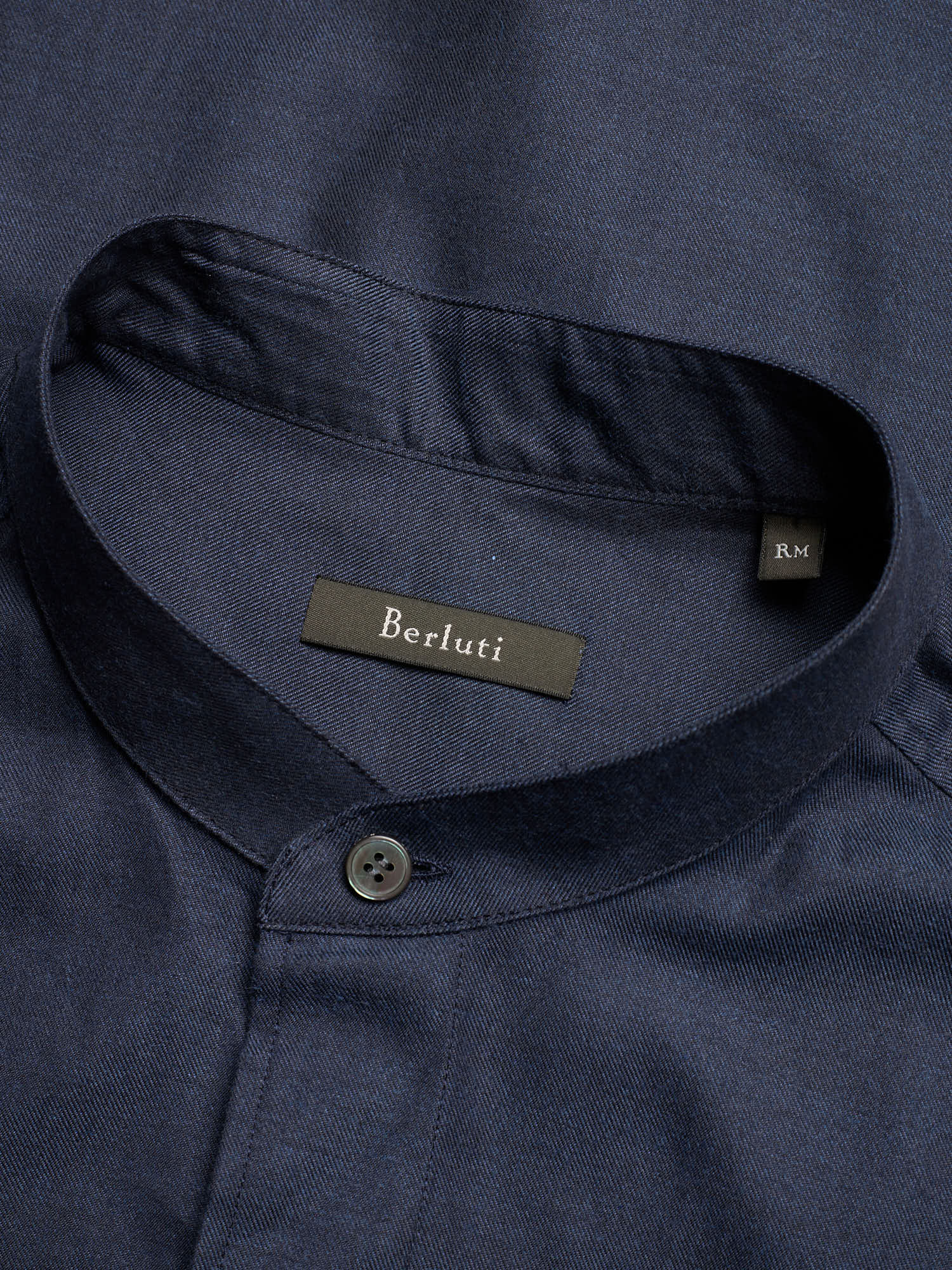 BERLUTI Paris Blue Twill Cotton Collarless Shirt Size Medium NEW