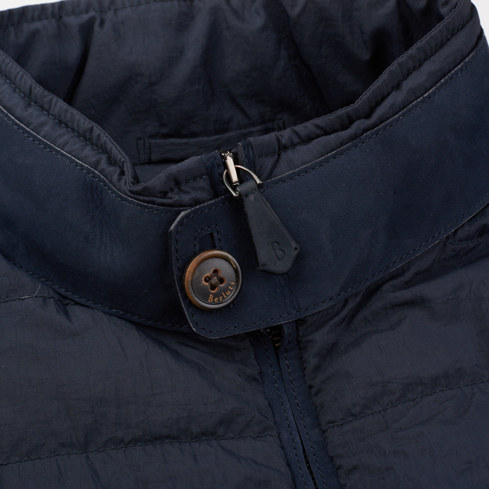 BERLUTI Paris Dark Blue Polyamide Puffer Vest with Calfskin Leather Trim R50 NEW M BERLUTI