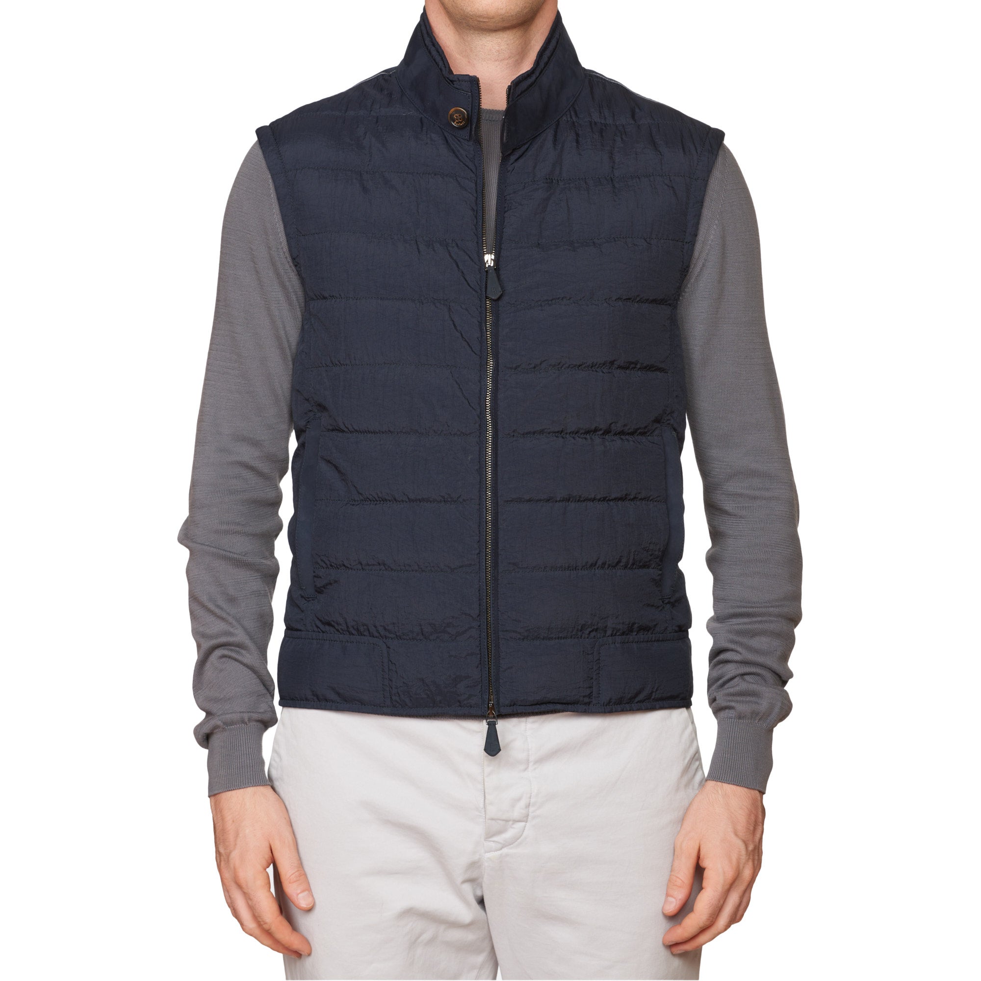 BERLUTI Paris Dark Blue Polyamide Puffer Vest with Calfskin Leather Trim R50 NEW M BERLUTI