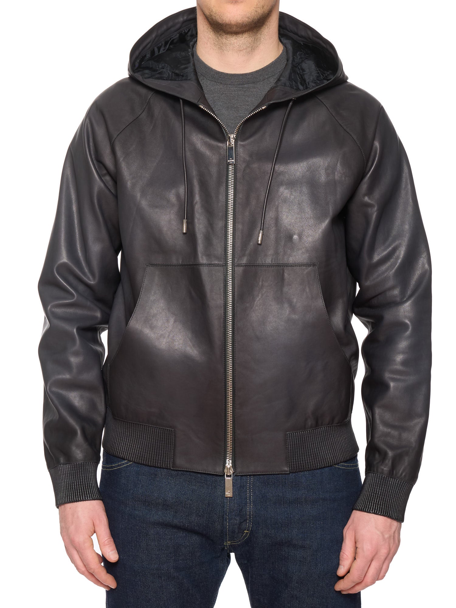 BERLUTI Paris Gray Calfskin B-Way Scritto Black Patina Leather Jacket Bomber