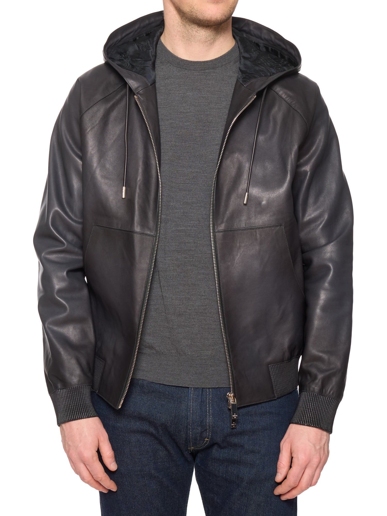 BERLUTI Paris Gray Calfskin B-Way Scritto Black Patina Leather Jacket Bomber