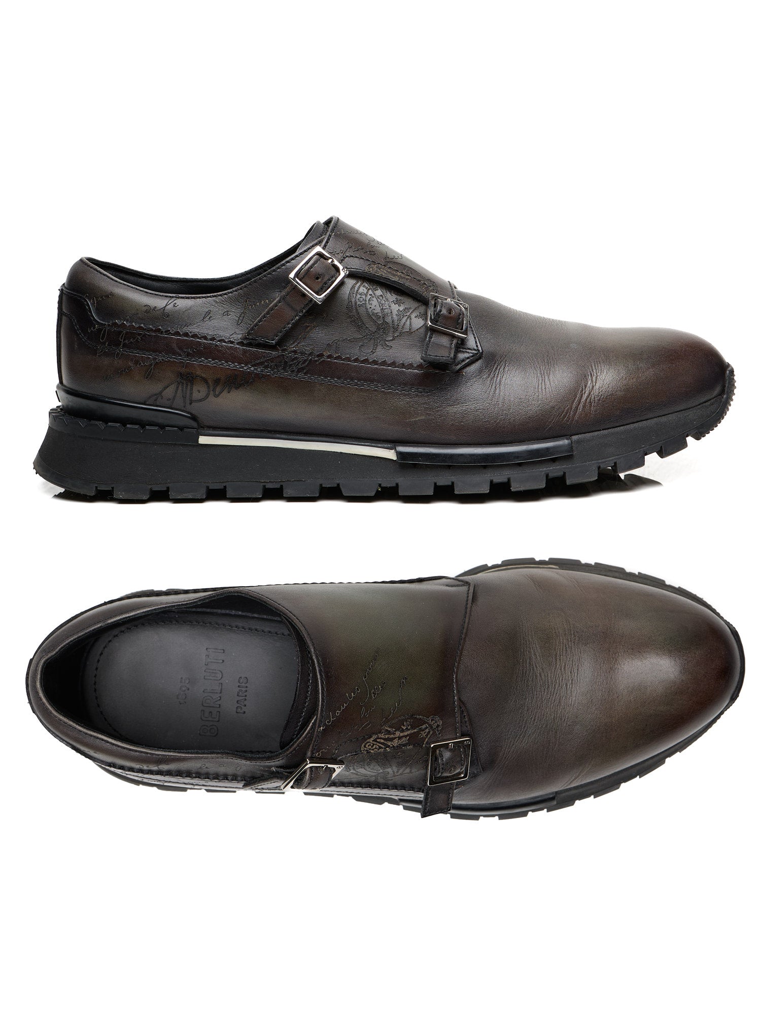 BERLUTI Fast Track Scritto Venezia Leather Monk-Strap Sneakers Gray-Green