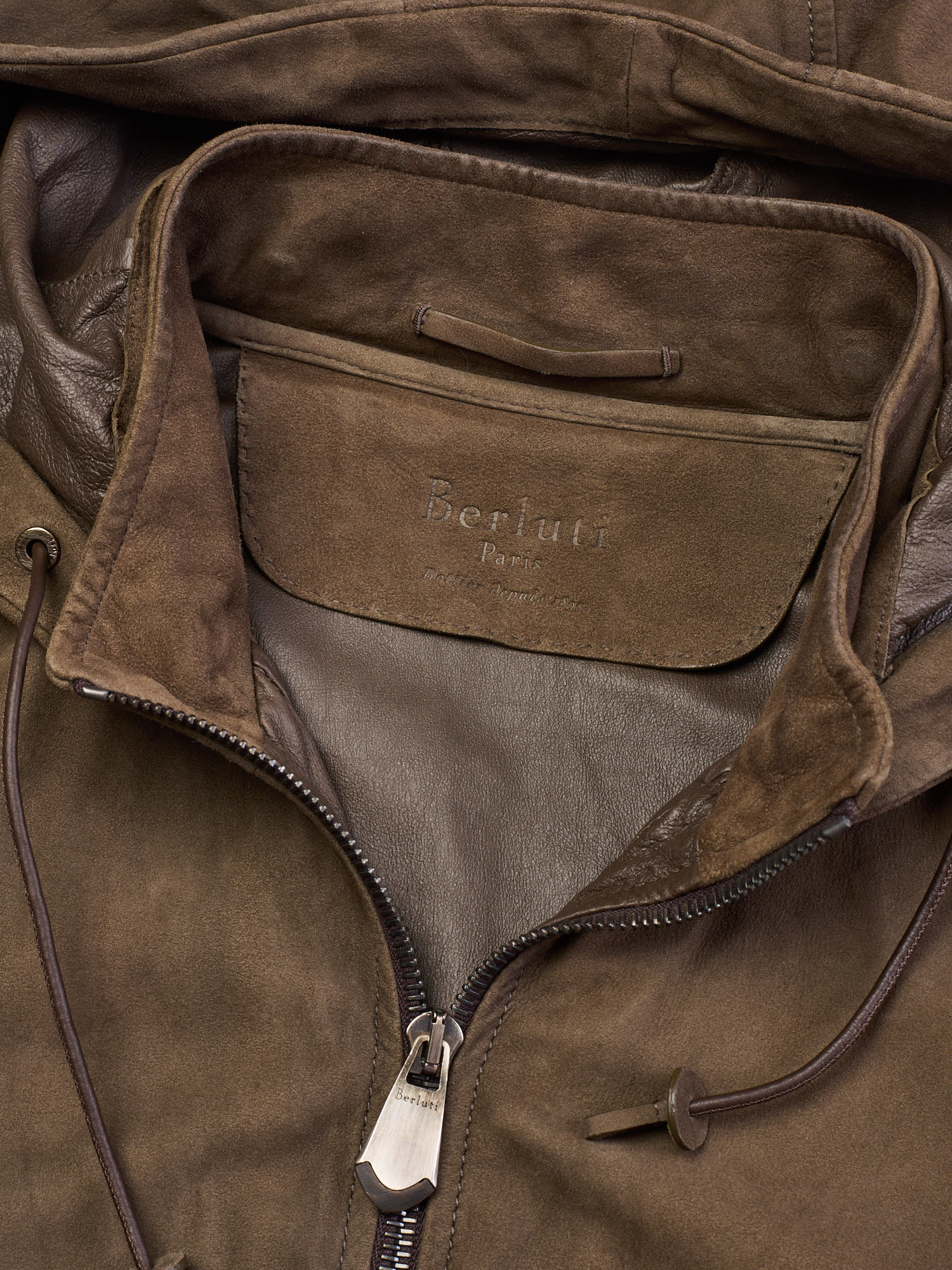 BERLUTI Packable Khaki Nubuck Lambskin Leather Hooded Jacket