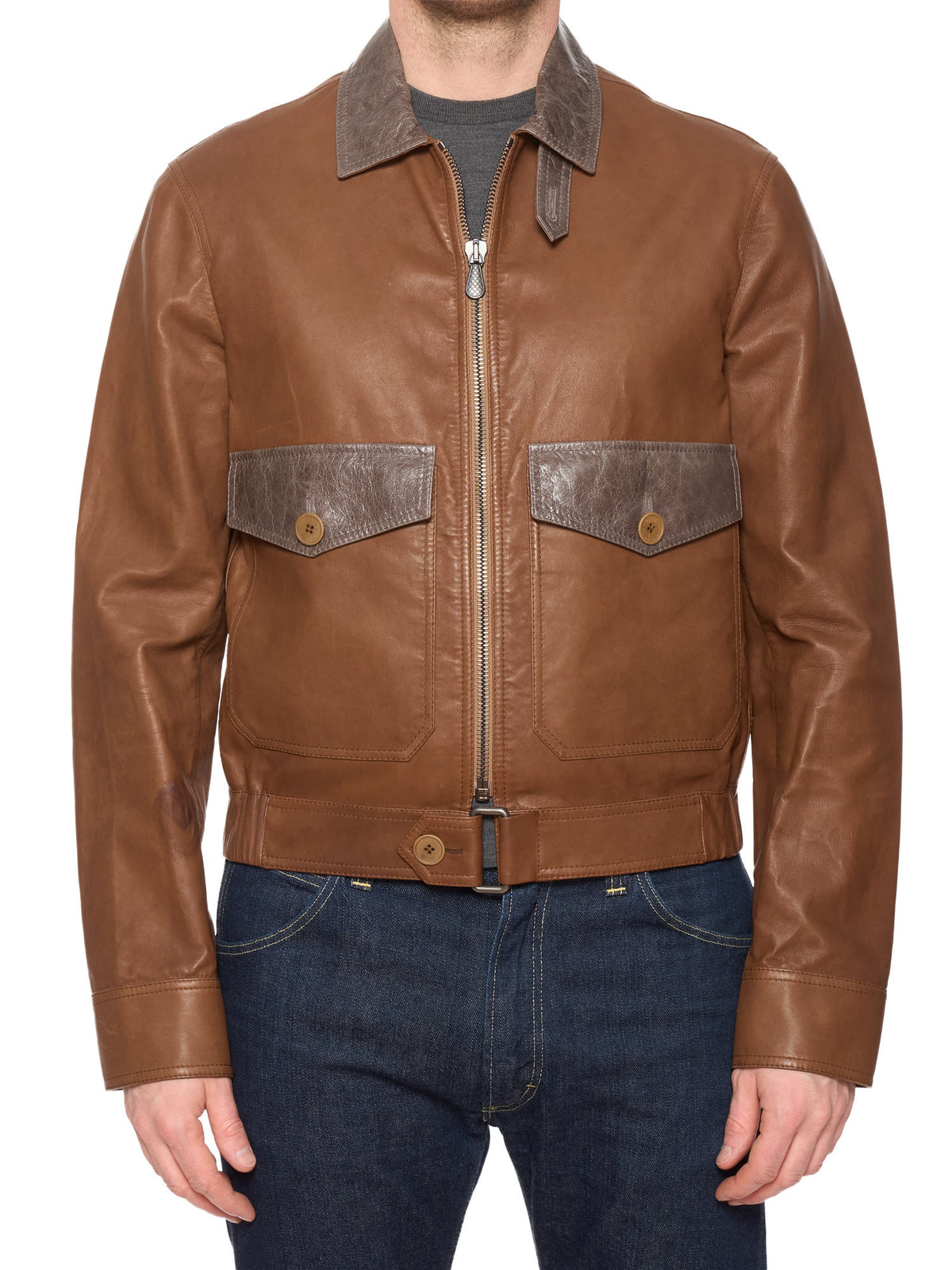 BOTTEGA VENETA Brown Leather Flight Jacket EU 50 US M