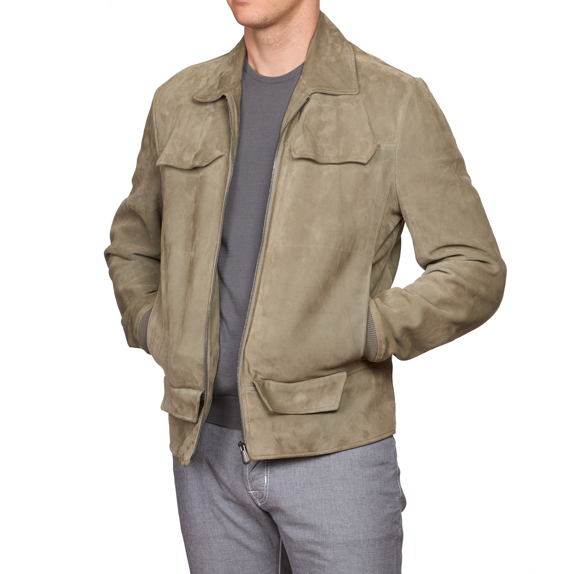 BOTTEGA VENETA Gray Suede Leather Flight Bomber Jacket EU 50 US M BOTTEGA VENETA