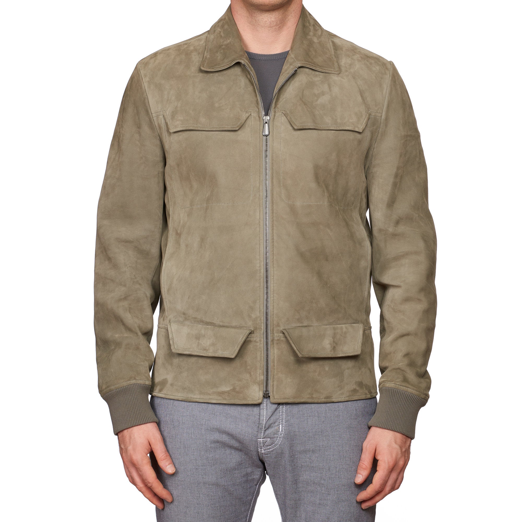 BOTTEGA VENETA Gray Suede Leather Flight Bomber Jacket EU 50 US M BOTTEGA VENETA