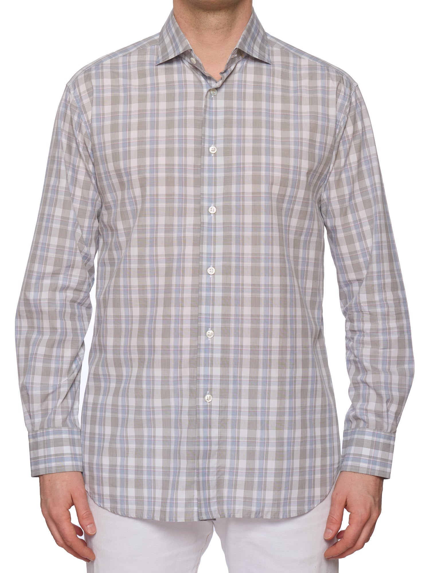 BRIONI Handmade Gray Plaid Cotton Dress Shirt L