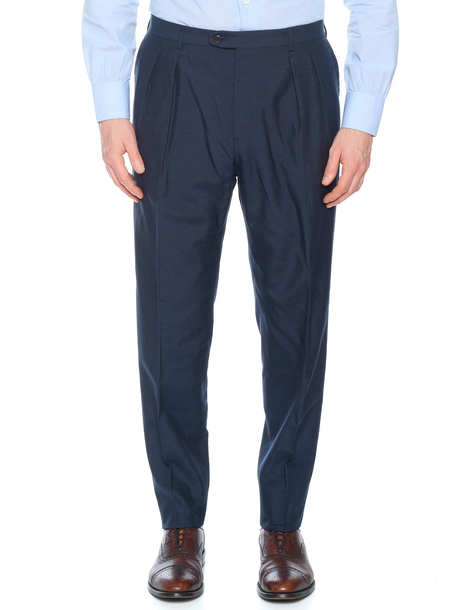 BRIONI Navy Blue Silk Double Pleated Dress Pants