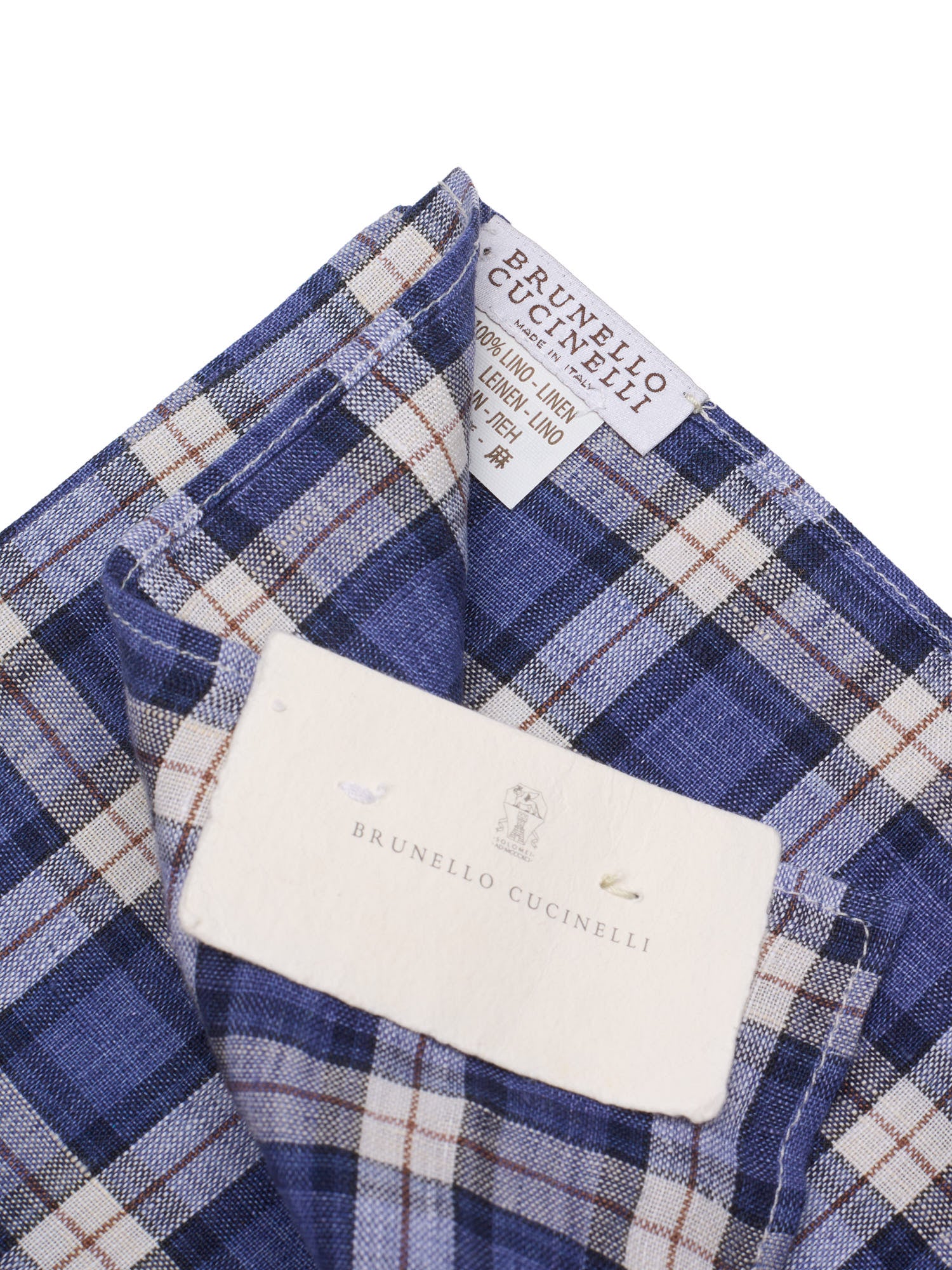 BRUNELLO CUCINELLI Blue Plaid Linen Pocket Square NEW 35cm x 35cm