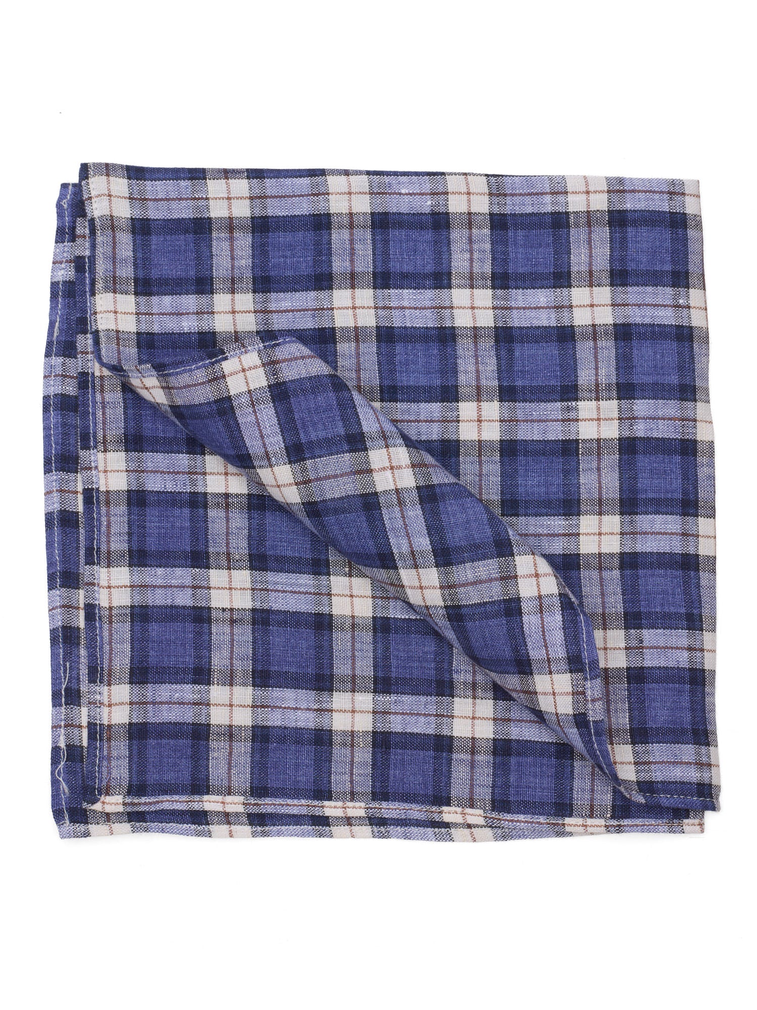 BRUNELLO CUCINELLI Blue Plaid Linen Pocket Square NEW 35cm x 35cm