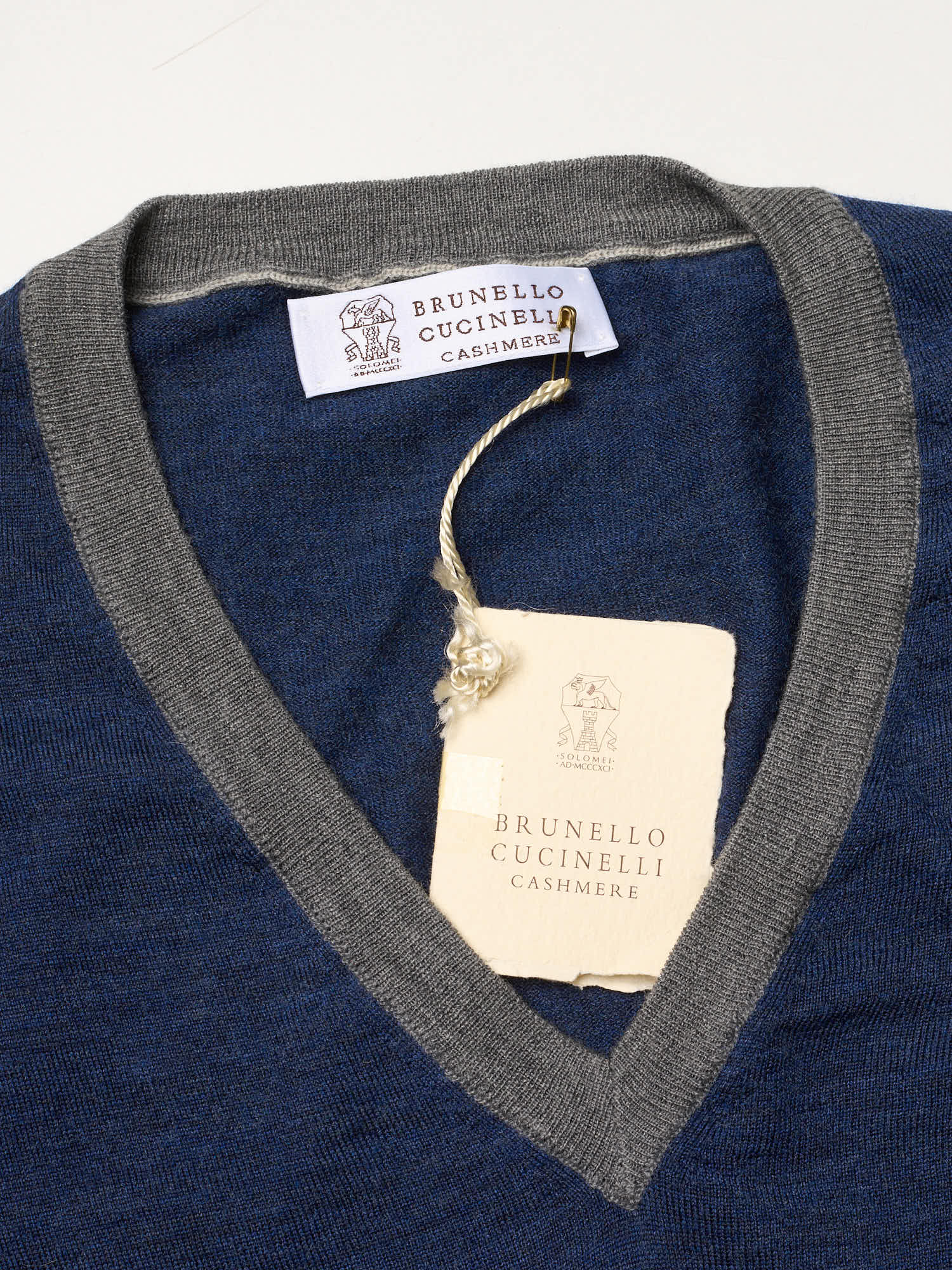 BRUNELLO CUCINELLI Blue Wool Cashmere V-Neck Sweater EU 56 US XL