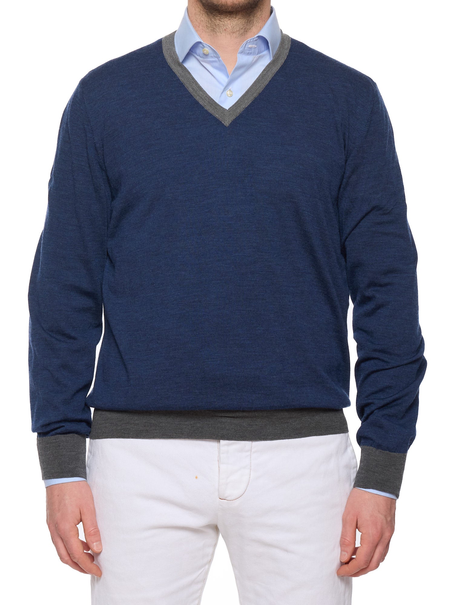 BRUNELLO CUCINELLI Blue Wool Cashmere V-Neck Sweater EU 56 US XL