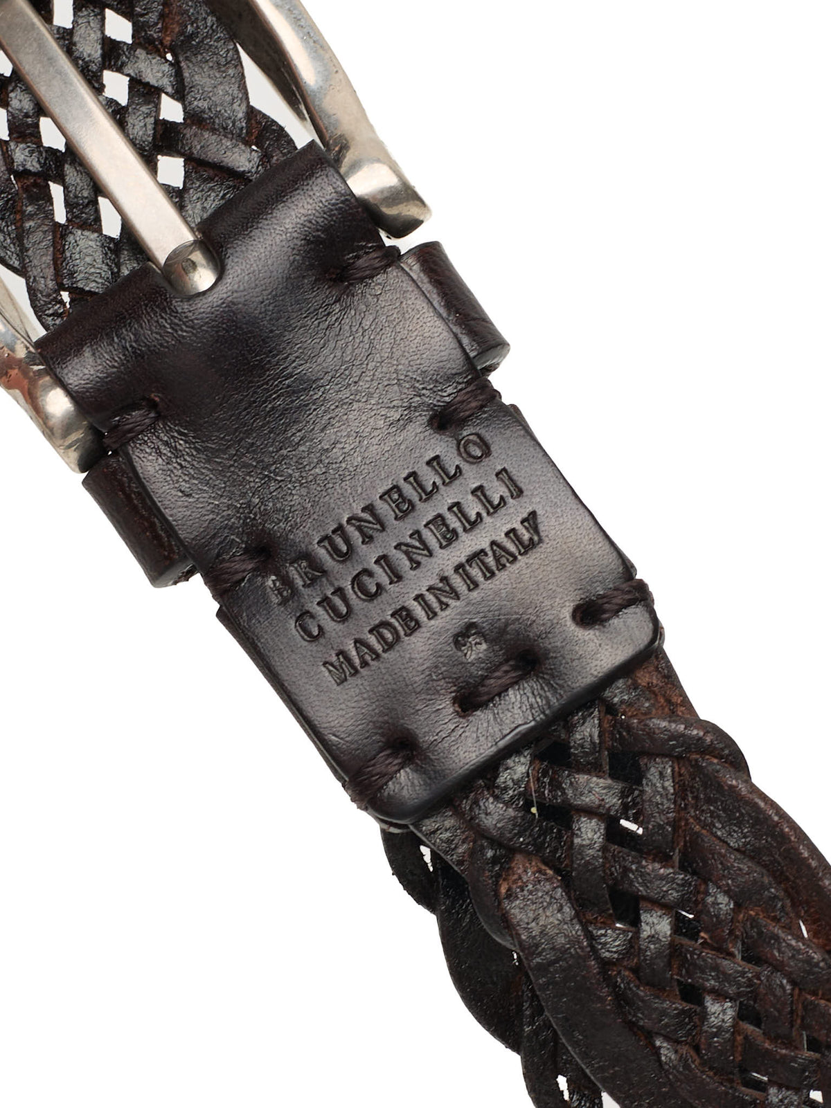 BRUNELLO CUCINELLI Brown Braided Calf Leather Belt with Silver-Tone Buckle 95cm 38"