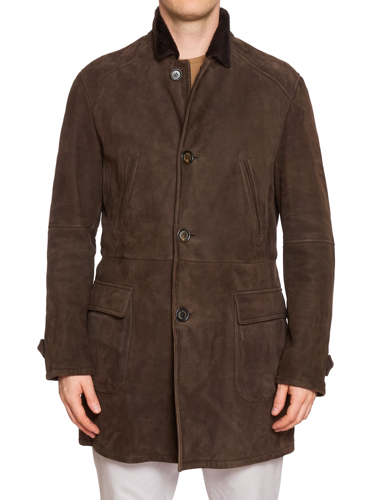 BRUNELLO CUCINELLI Brown Fur Lined Suede Leather Shearling Jacket Coat