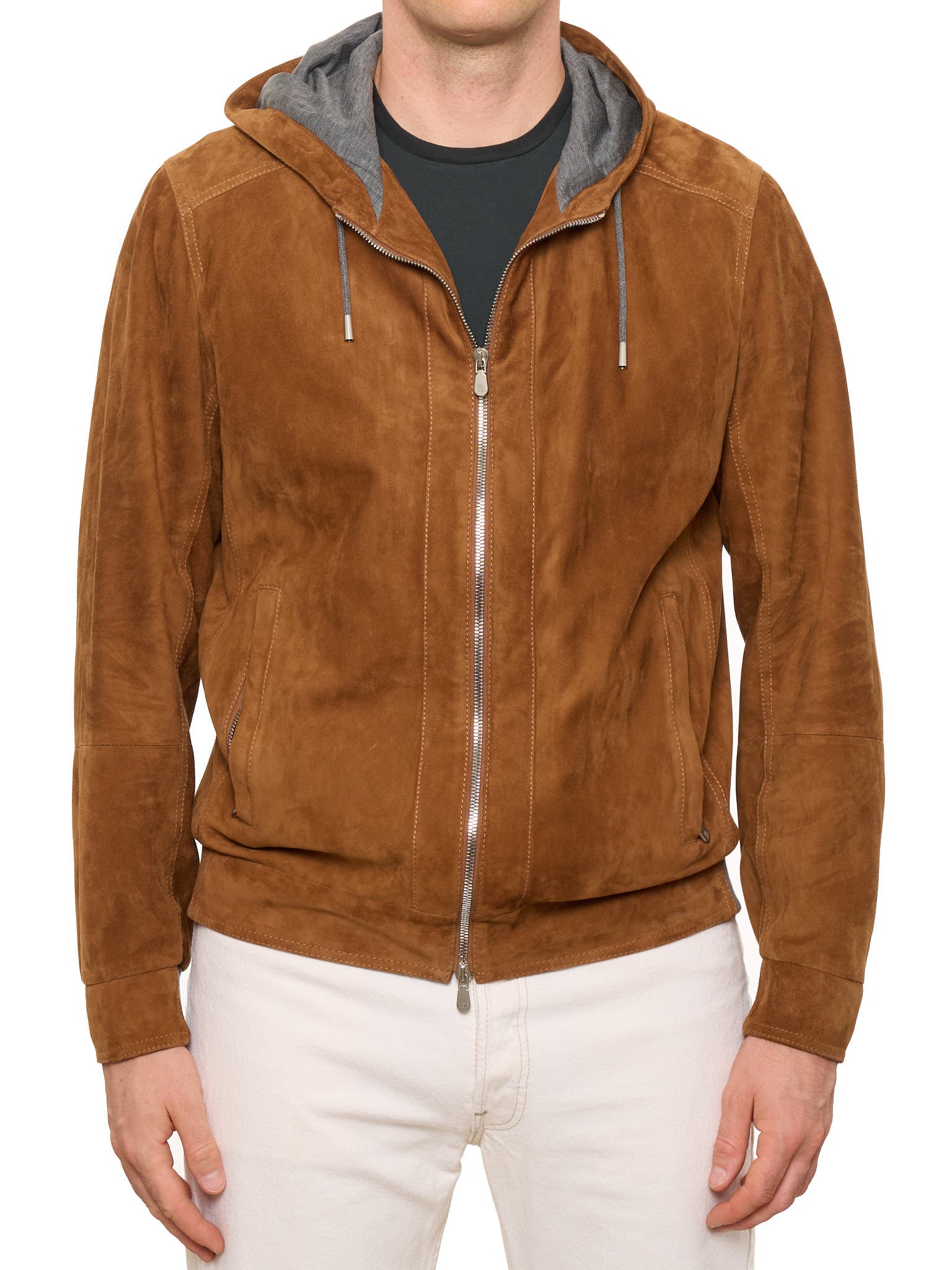 BRUNELLO CUCINELLI Brown Hooded Leather Jacket NEW L