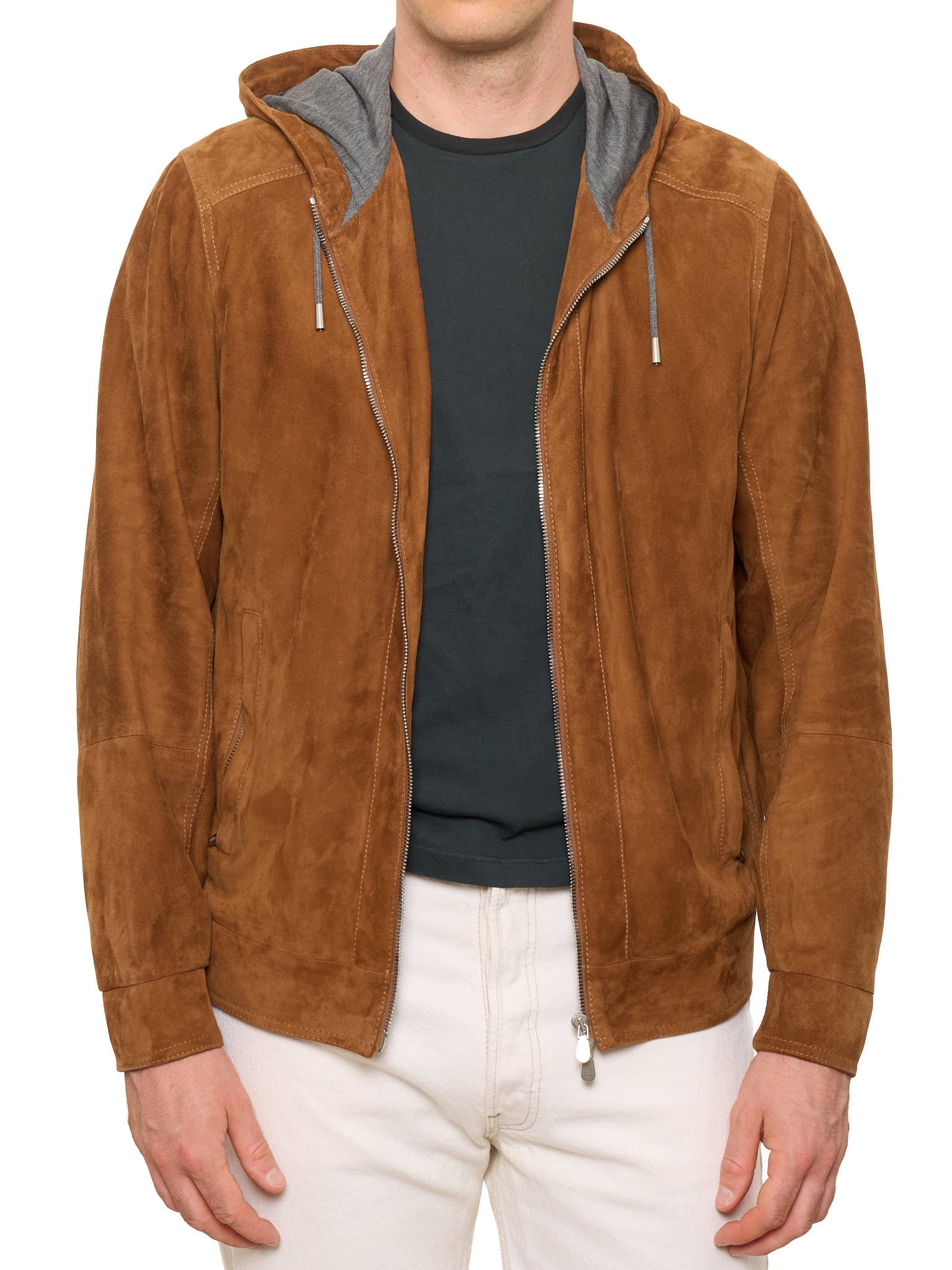 BRUNELLO CUCINELLI Brown Hooded Leather Jacket NEW L