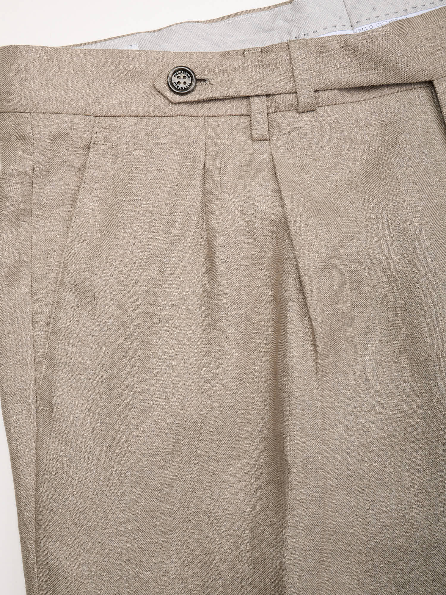 BRUNELLO CUCINELLI Beige Heringbone Linen Leisure Fit Pants