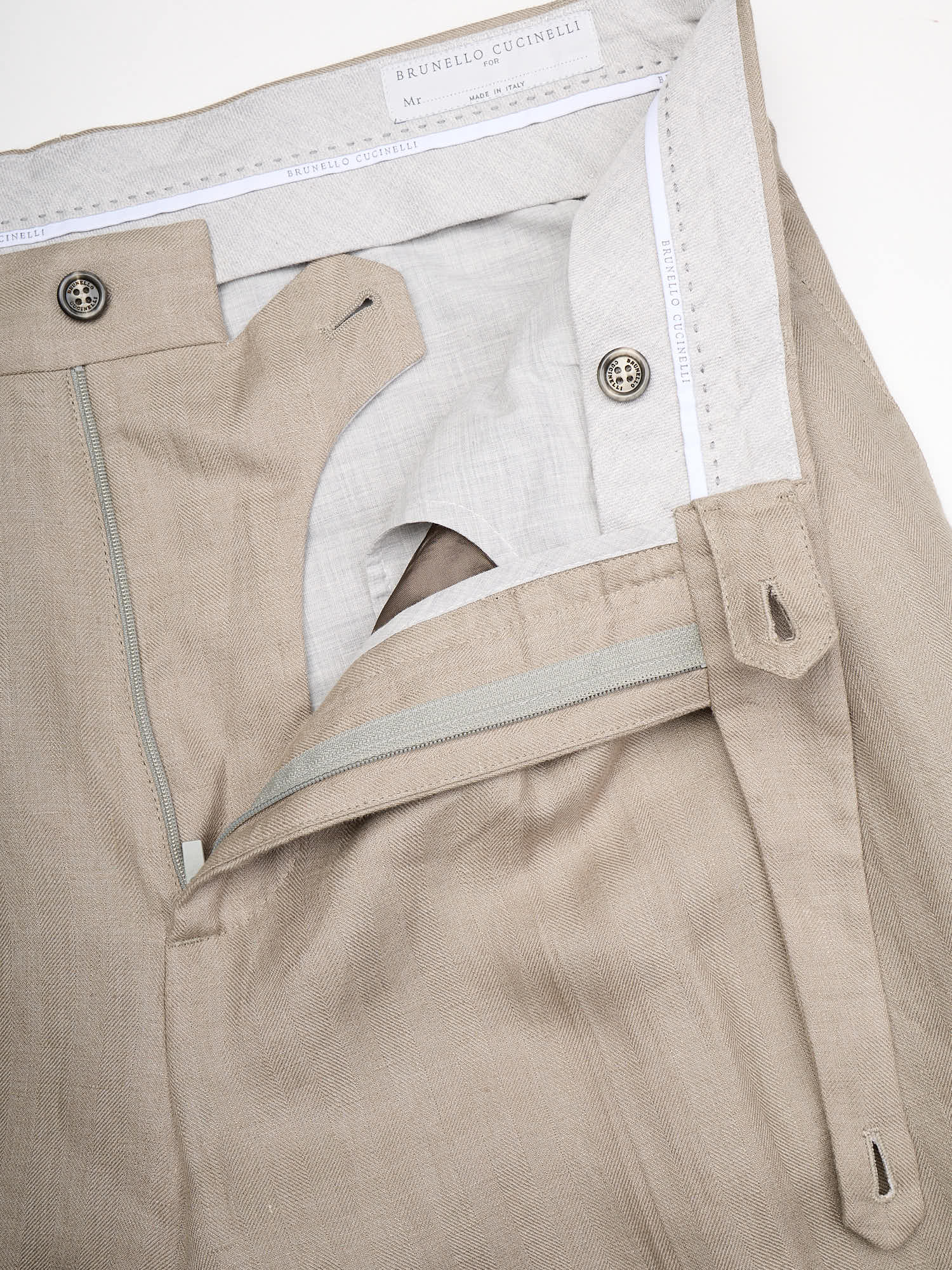 BRUNELLO CUCINELLI Beige Heringbone Linen Leisure Fit Pants