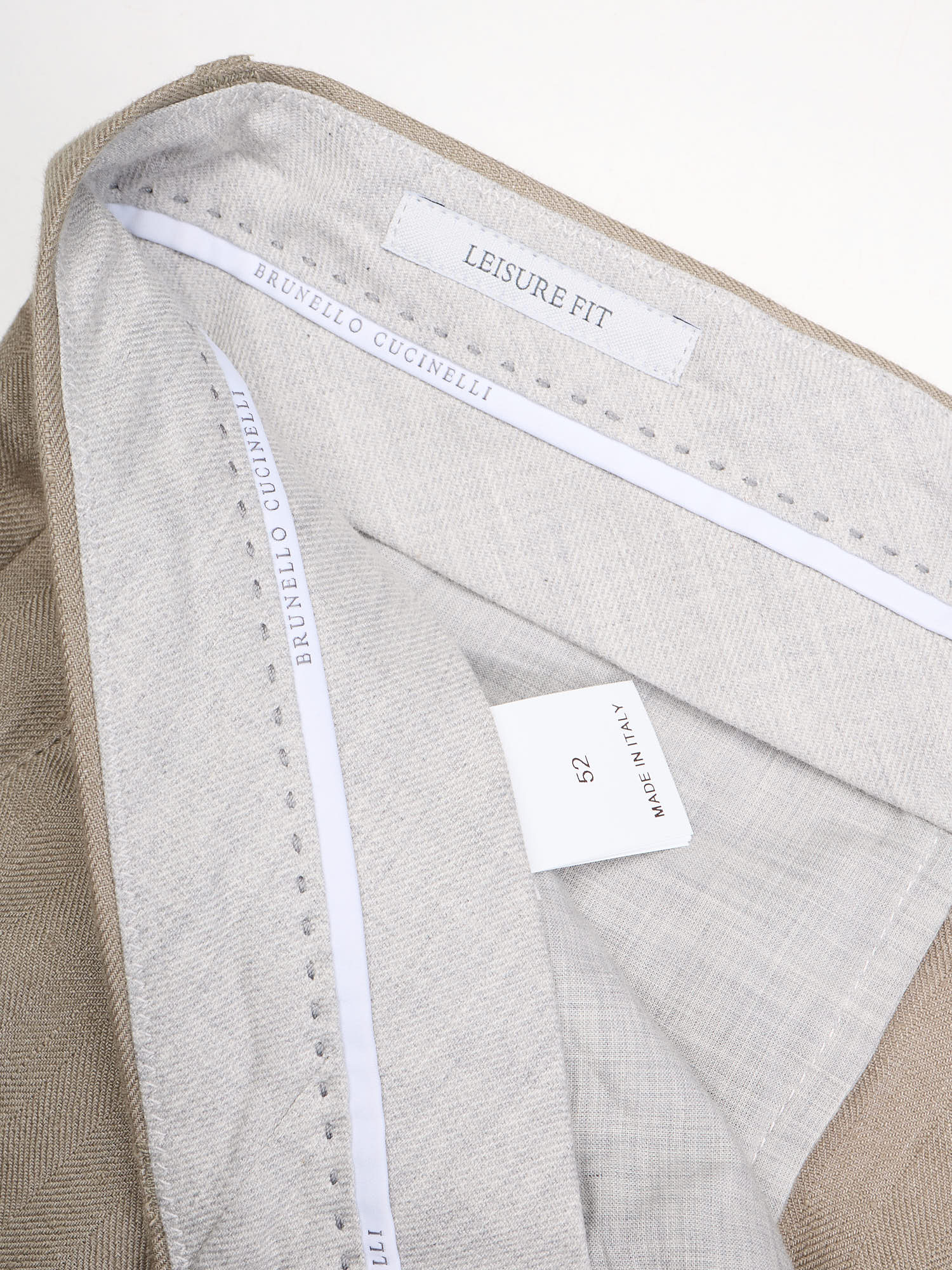 BRUNELLO CUCINELLI Beige Heringbone Linen Leisure Fit Pants