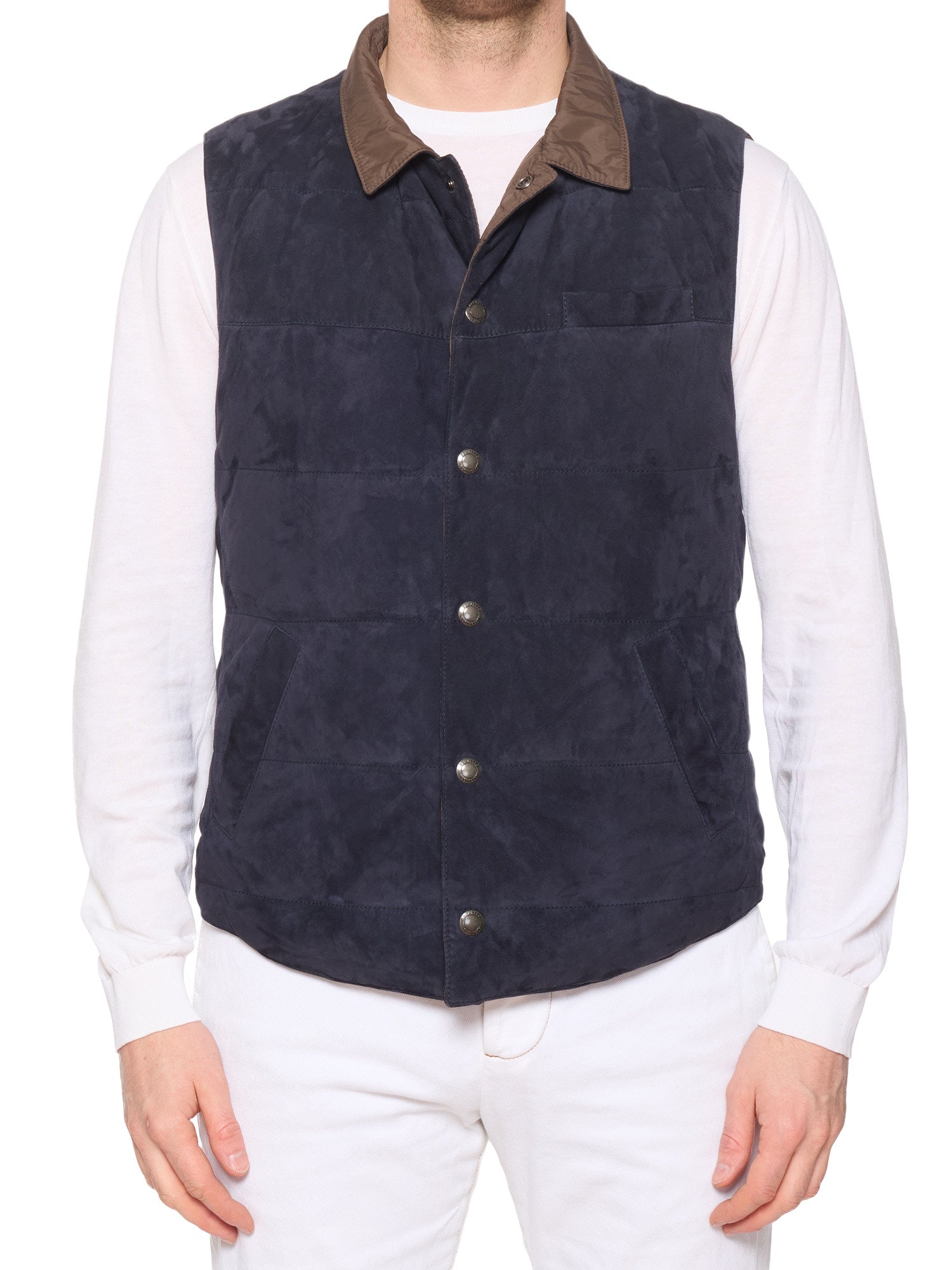 BRUNELLO CUCINELLI Navy-Brown Reversible Suede Leather Vest