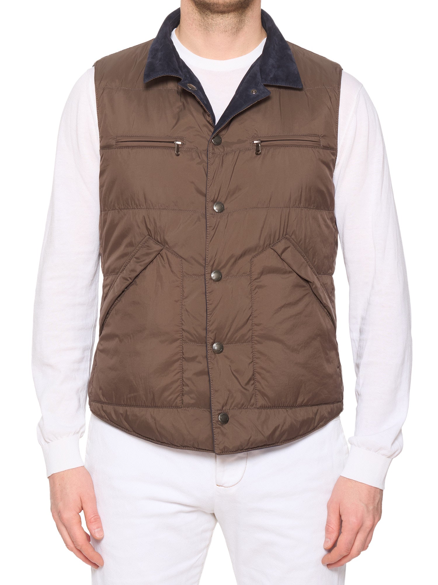 BRUNELLO CUCINELLI Navy-Brown Reversible Suede Leather Vest