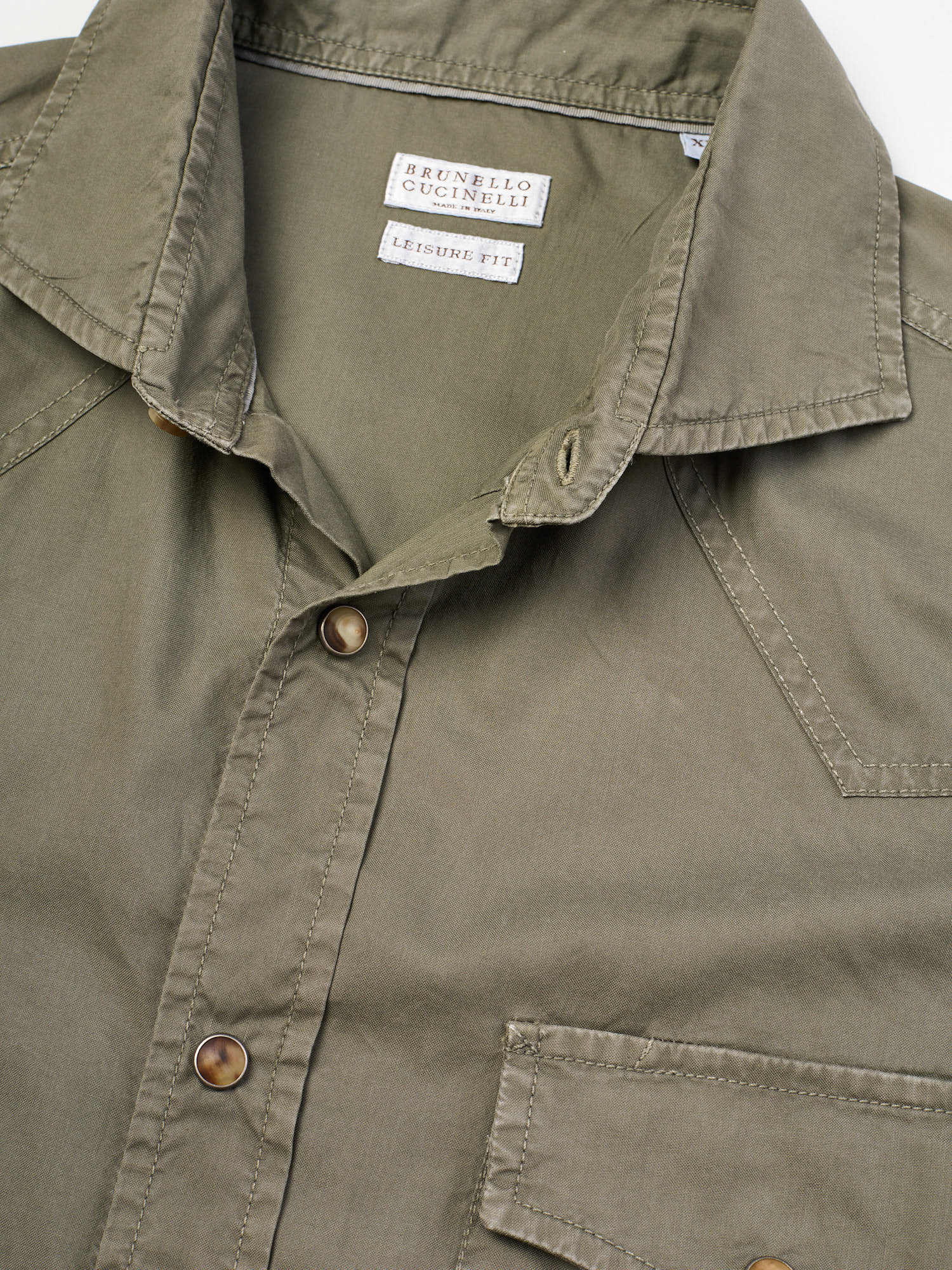 BRUNELLO CUCINELLI Olive Cotton Leisure Fit Casual Western Shirt