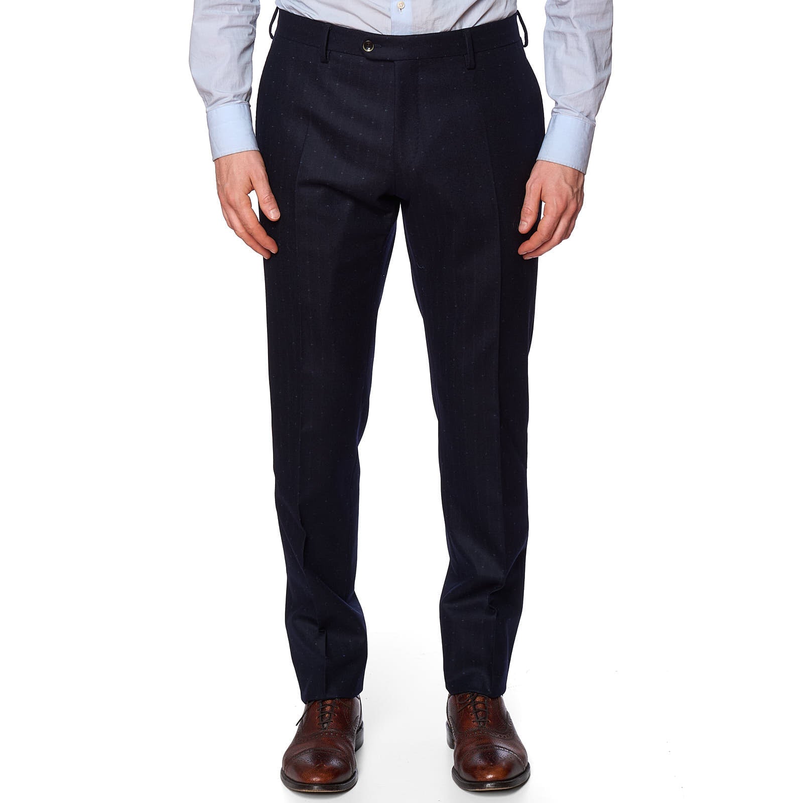 VANNUCCI Navy Blue Dotted Wool Peak Lapel Suit EU 52 NEW US 42