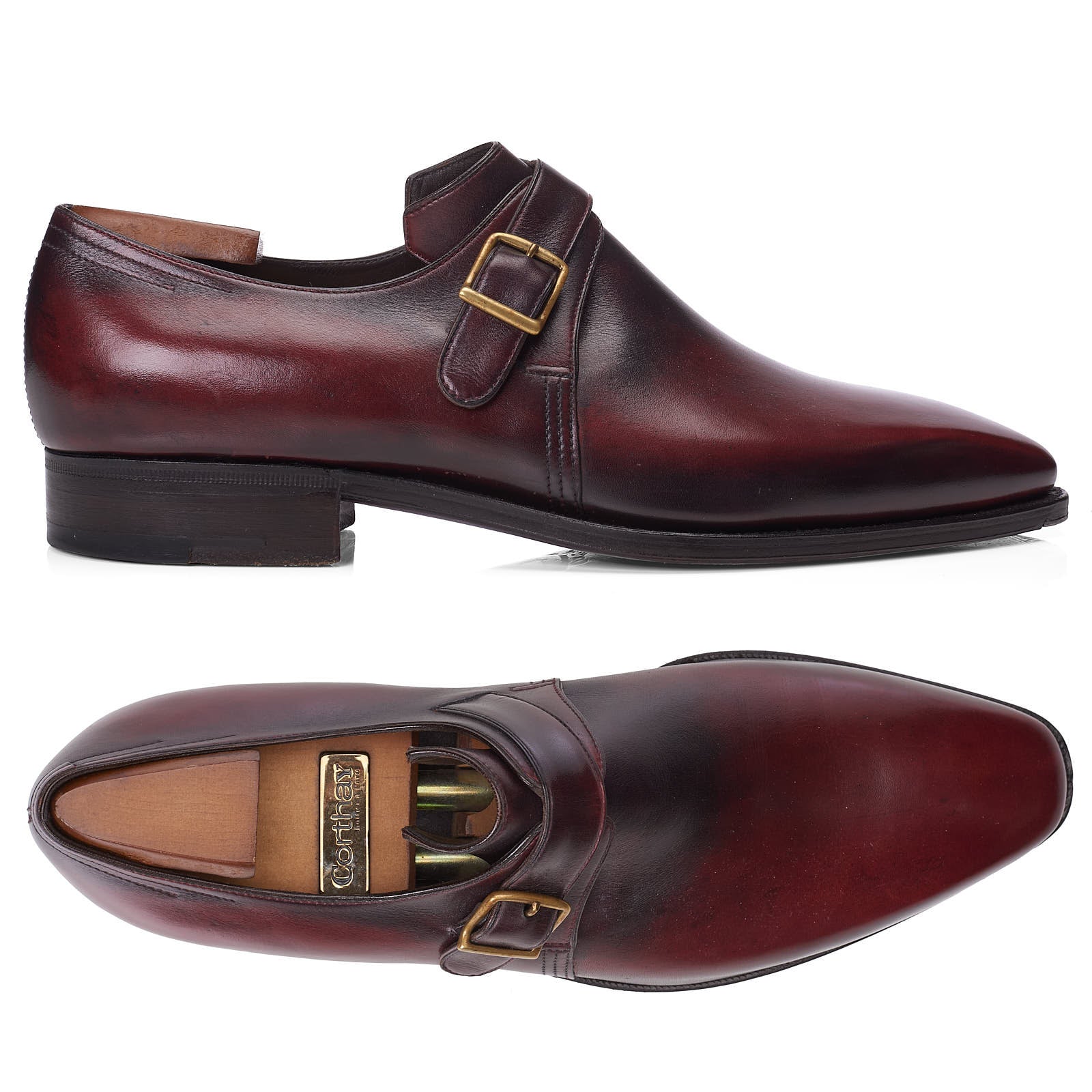 CORTHAY Paris "Arca Buckle" Burgundy Calf Leather Single Monk Dress Shoes