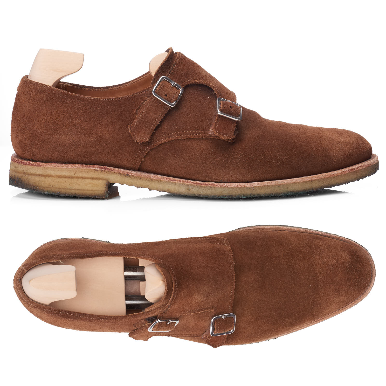 CROCKETT & JONES Brown Suede Double Monk Crepe Sole Shoes UK 8E US 8.5