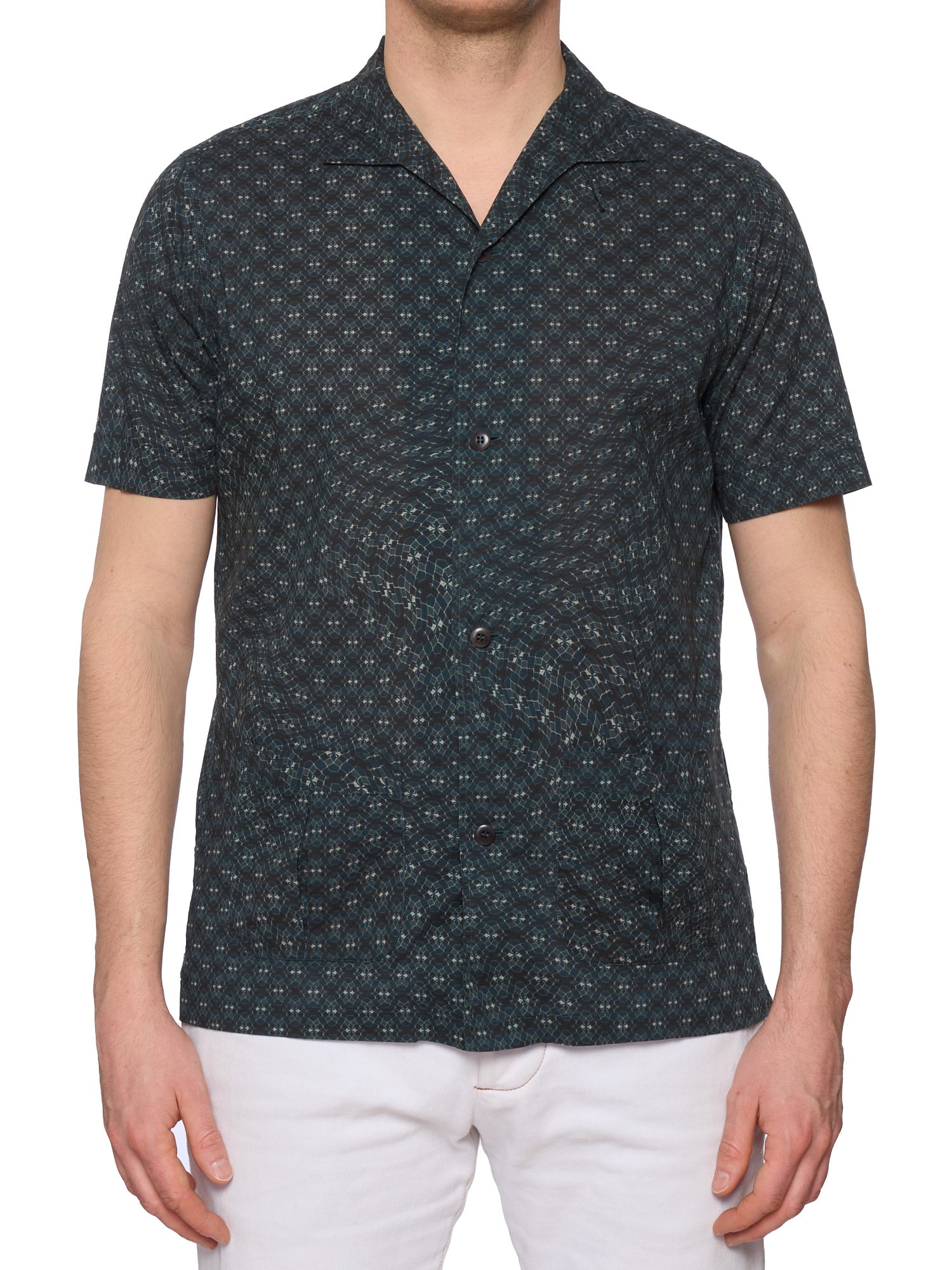 DOLCE & GABBANA Blue Geometric Pattern Cotton Short Sleeve Casual Shirt