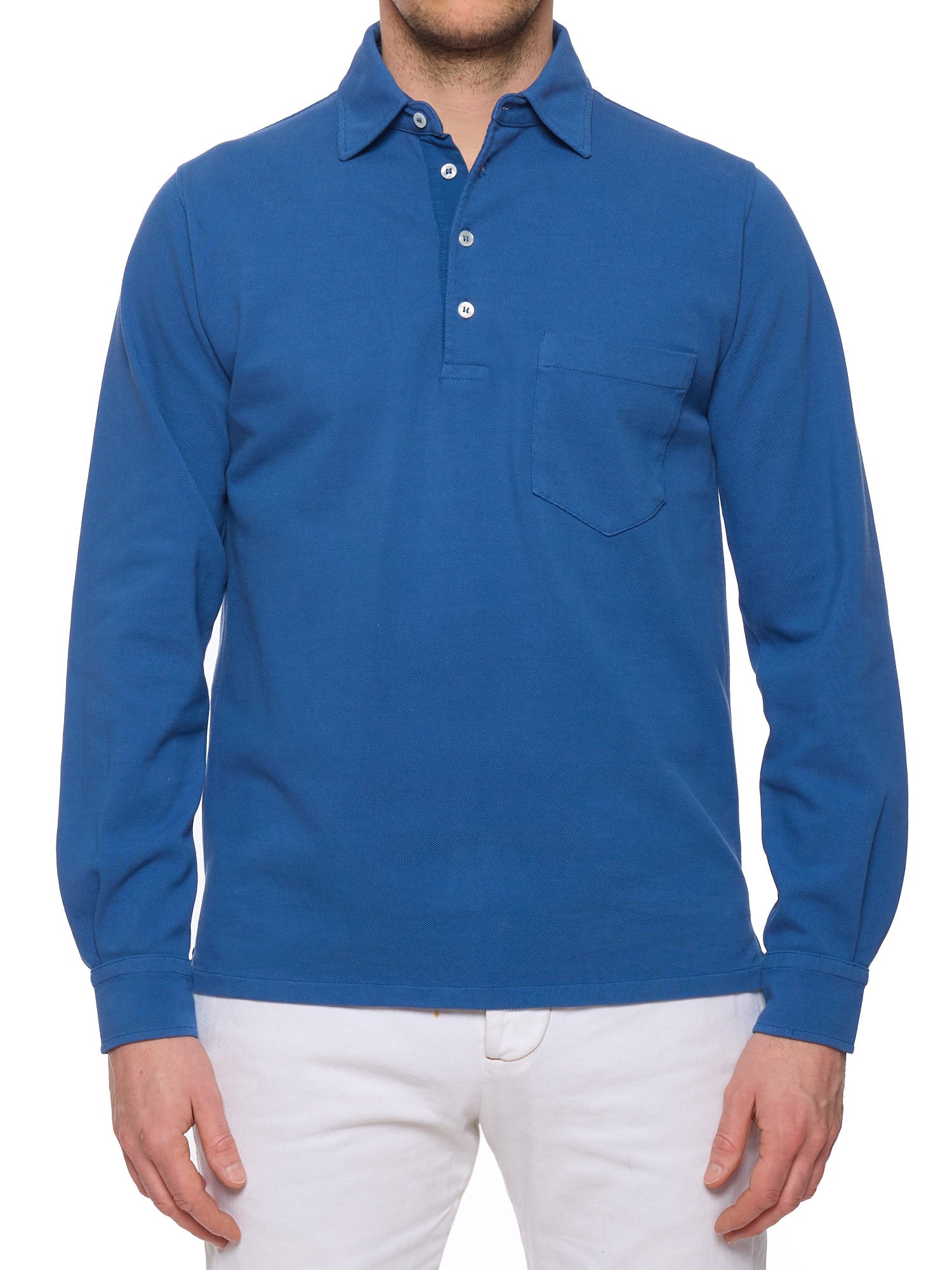 DRAKE'S Blue Cotton Pique Long Sleeve Polo Shirt Size 38 S