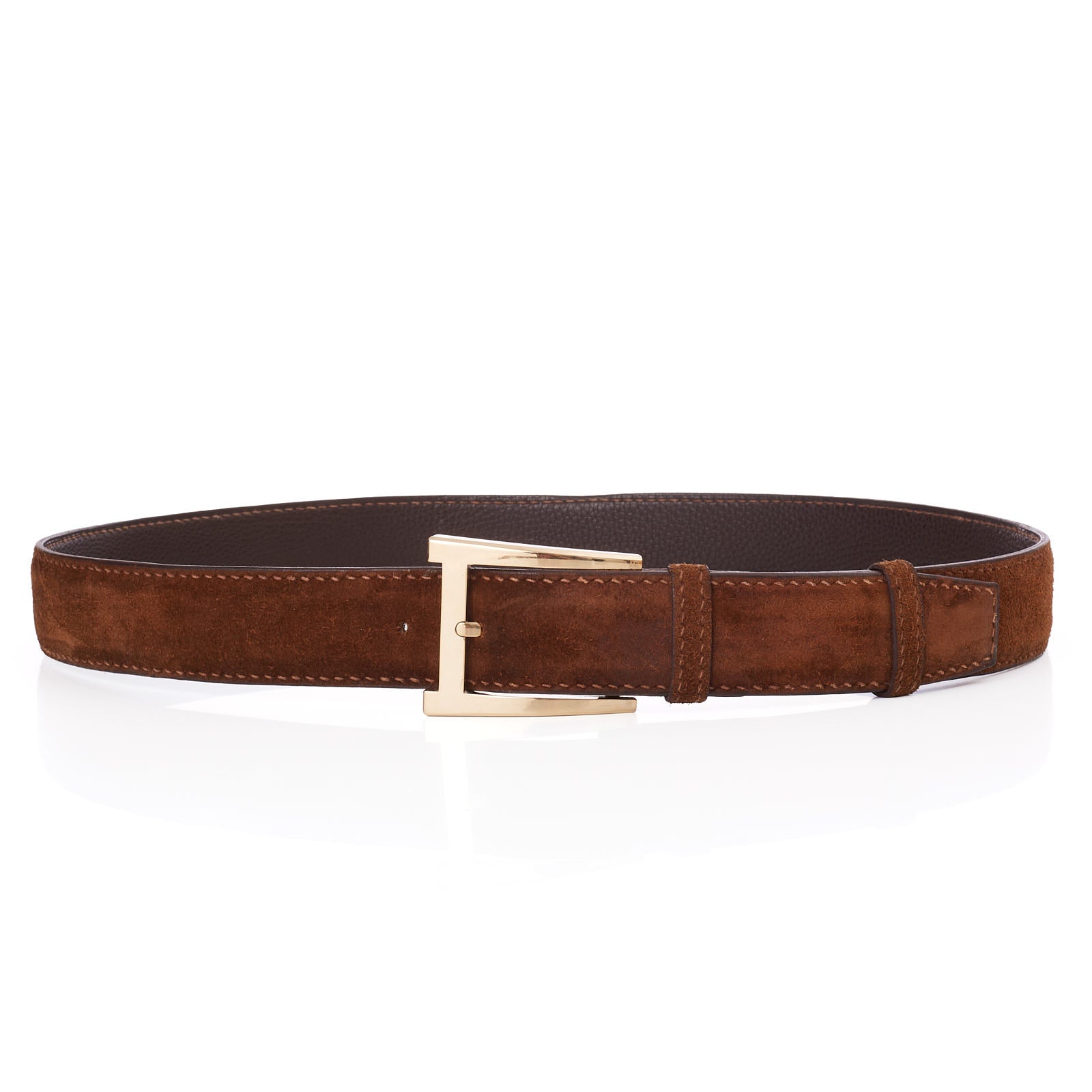 DURET Paris Chestnut Suede Calf Leather Belt with Gold Alpha Buckle 37" 95cm DURET