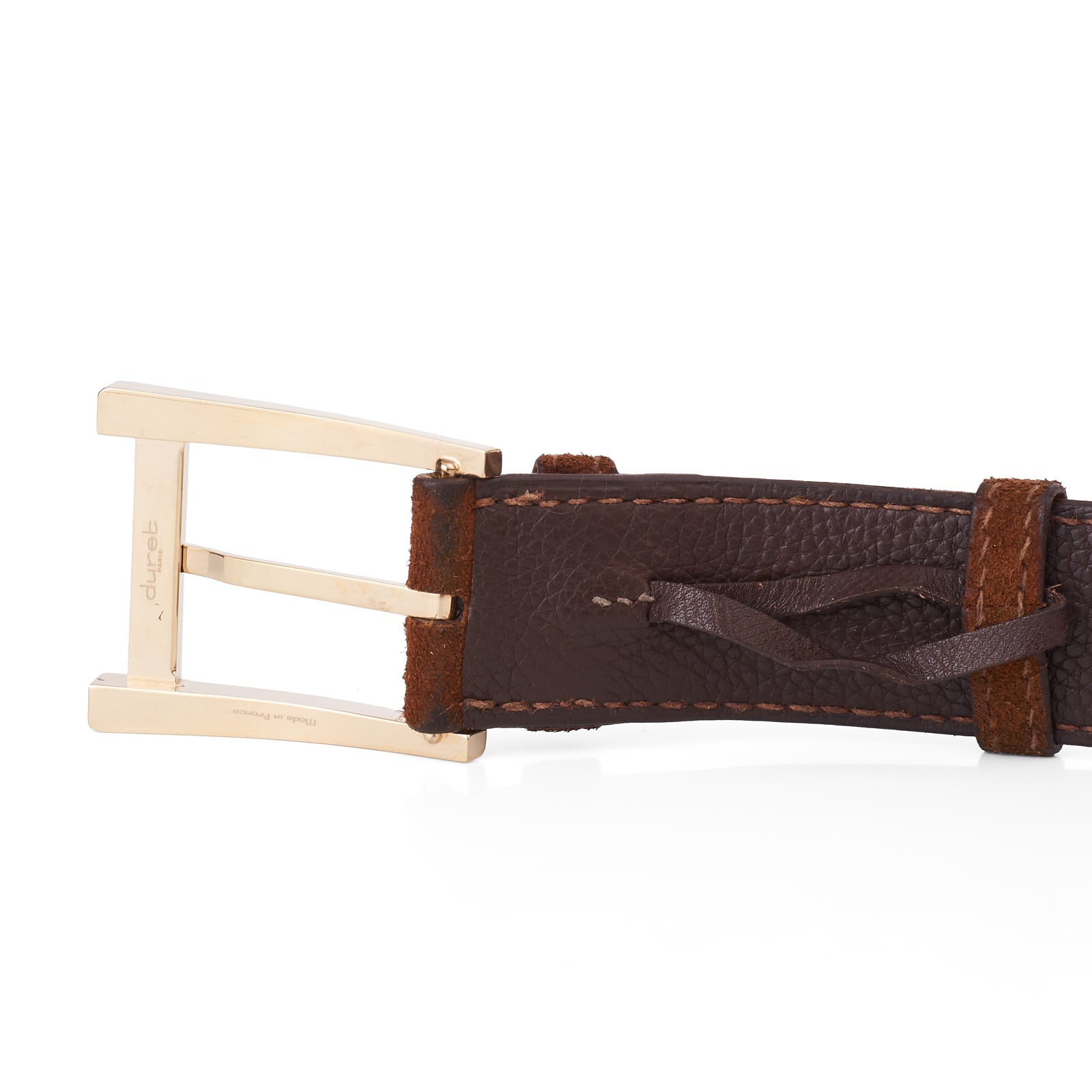 DURET Paris Chestnut Suede Calf Leather Belt with Gold Alpha Buckle 37" 95cm DURET