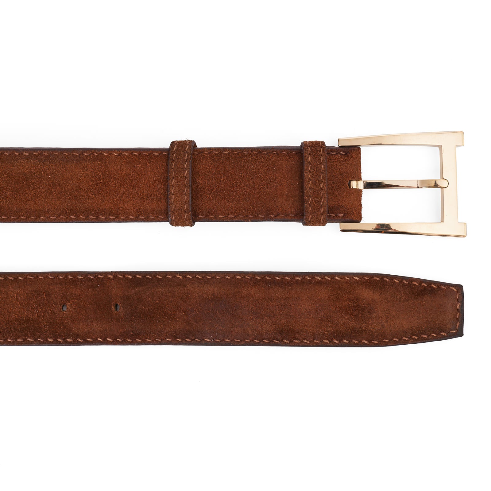 DURET Paris Chestnut Suede Calf Leather Belt with Gold Alpha Buckle 37" 95cm DURET